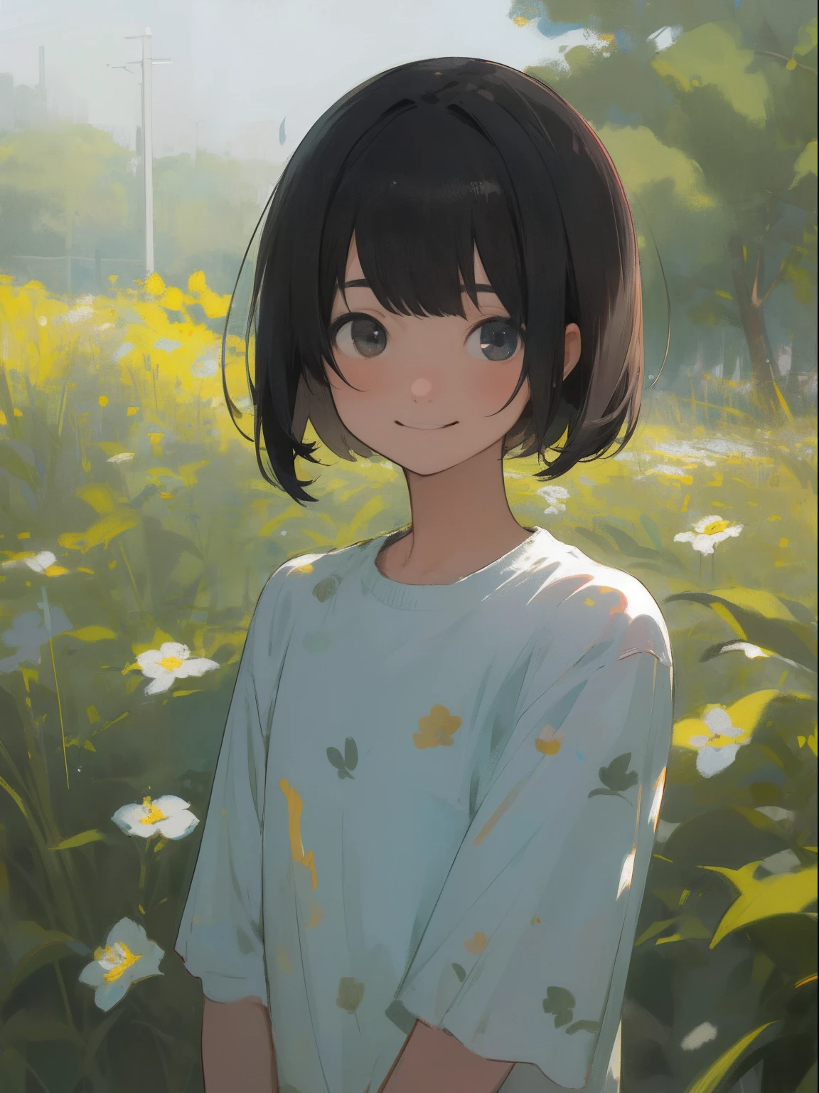 masterpiece, top-quality, 1girl in, The upper part of the body,,shorth hair,Bangs short , Dimly open eyes、laugh、A dark-haired, Casual clothing, frilld, plein air、Focus on the front face、The viewer is the viewer's gaze