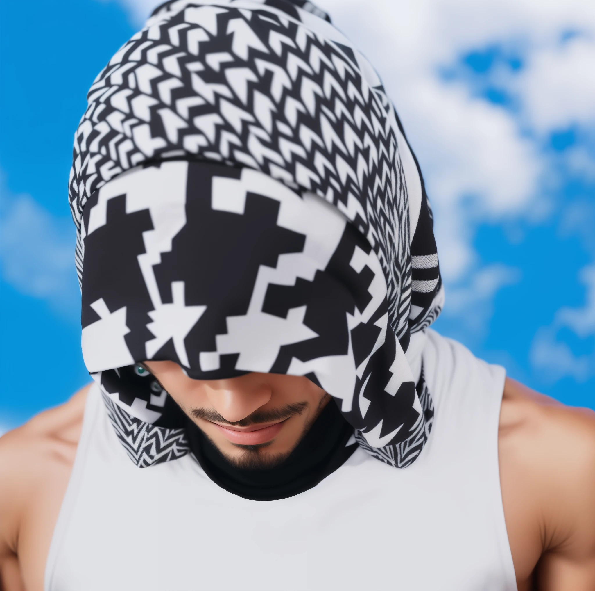 Man wearing a hat with a cross pattern on it, balaclava, selfie , balaclava cobrindo o rosto, ski mask, Pyramid Hoodvisor, capuz cobre os olhos, balaclava mask, ski masks, arab man, bandana, middle eastern skin, Hood, covered head, sem capuz | | sombreado realista, with rap cap on head