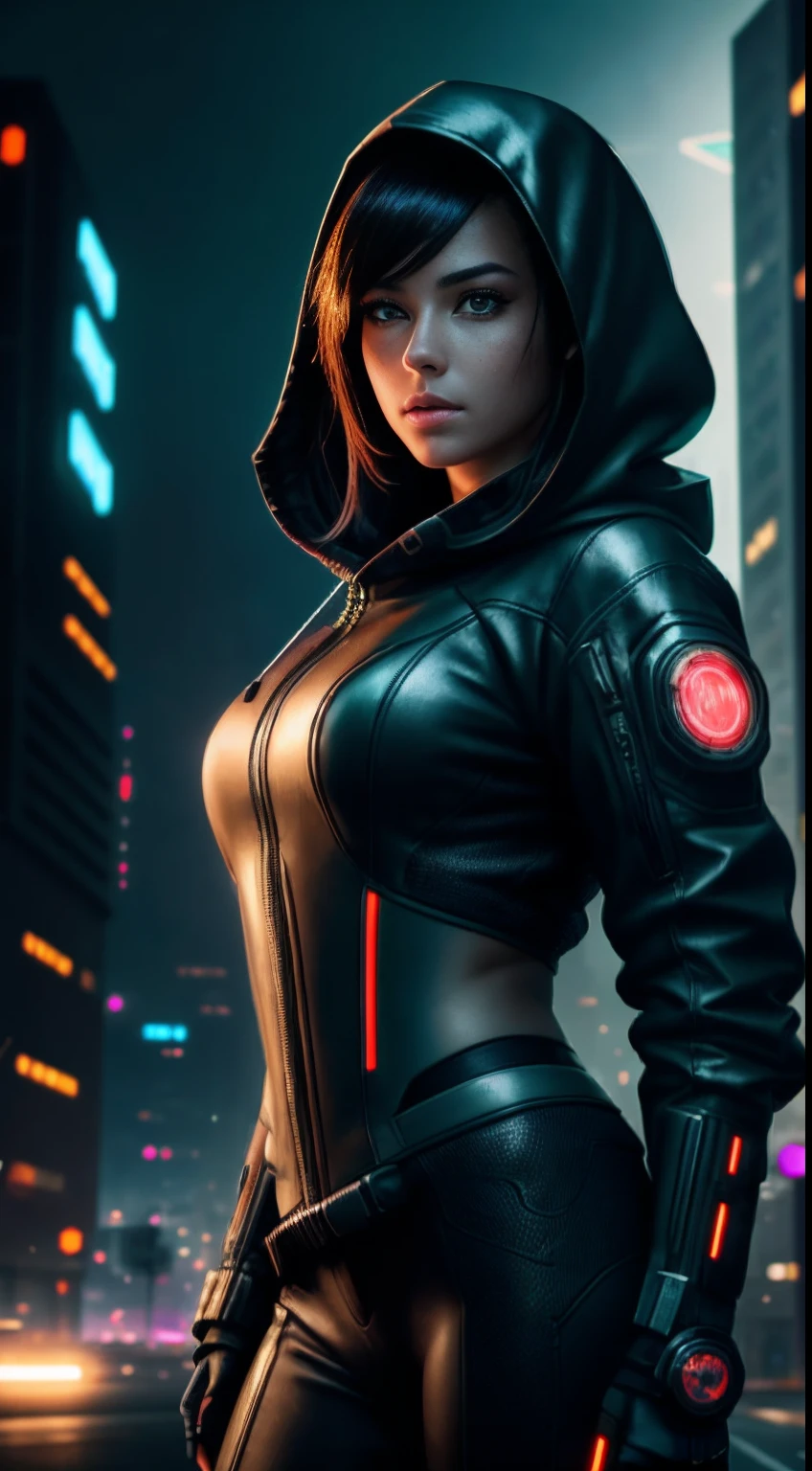 cyberpunk portrait photography, beautiful young woman looking off camera in glowing futuristic tactical hood jacket, super realistic face, proper eye position, natural skin, soft light, rim light, hips, in road side, detailed background, intricate, full body shot, highly detail, octane render, HD, 8k, by Annie Leibovitz,120mm