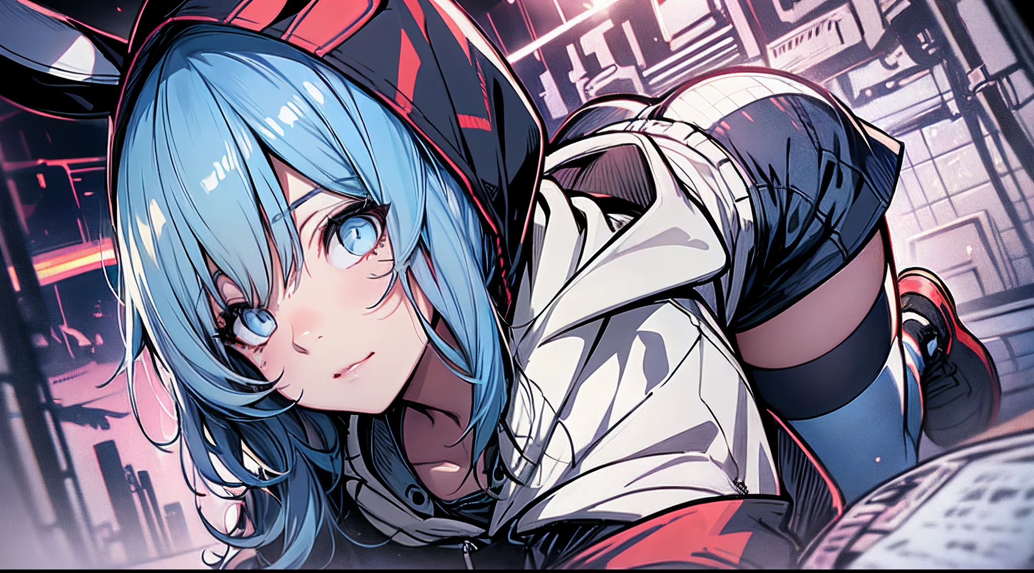 1girl, South Korean beauties, (Cute Loose Bob hair, floated hair), (Wear a cropped bunny hoodie:1.5), (Redlip, huge tit, Toning the lower abdomen, eyeslashes, aegyo sal), Immersive backgrounds, Global illumination, natural soft light,(beatiful detailed eyes,symetrical eyes),(8k,RAW photos,tmasterpiece,highdetailRAWcolorphoto,HighestQuali,extremely detailed CG unified 8k wallpaper),(best shadow,Most Best Illustration),physically-based renderingt,hight contrast, rich colours,Pale blue hair,Black panties are shown、Pull up the skirt,The reveal panties、white legwear、eBlue eyes