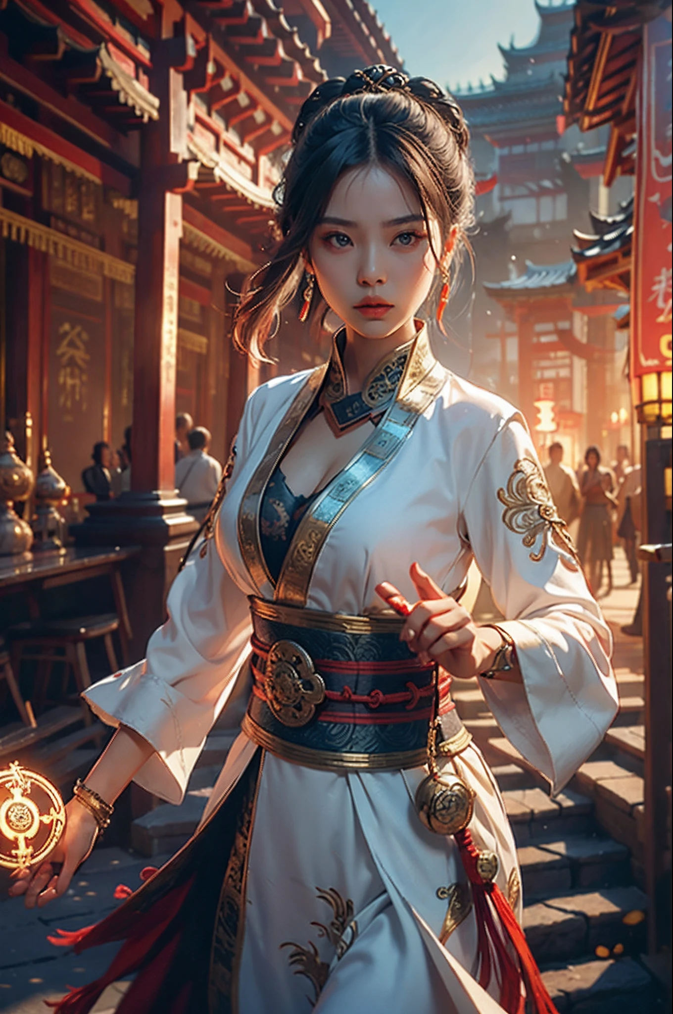 Best quality,masterpiece,ultra high res,(photorealistic:1.4),xiuxian,weapon,Detailed face,
1girl,solo,weapon,cleavage,(magic circle:1.2),xiuxian,upper body,Beautiful girl,full body,east asian architecture,sheath,architecture,