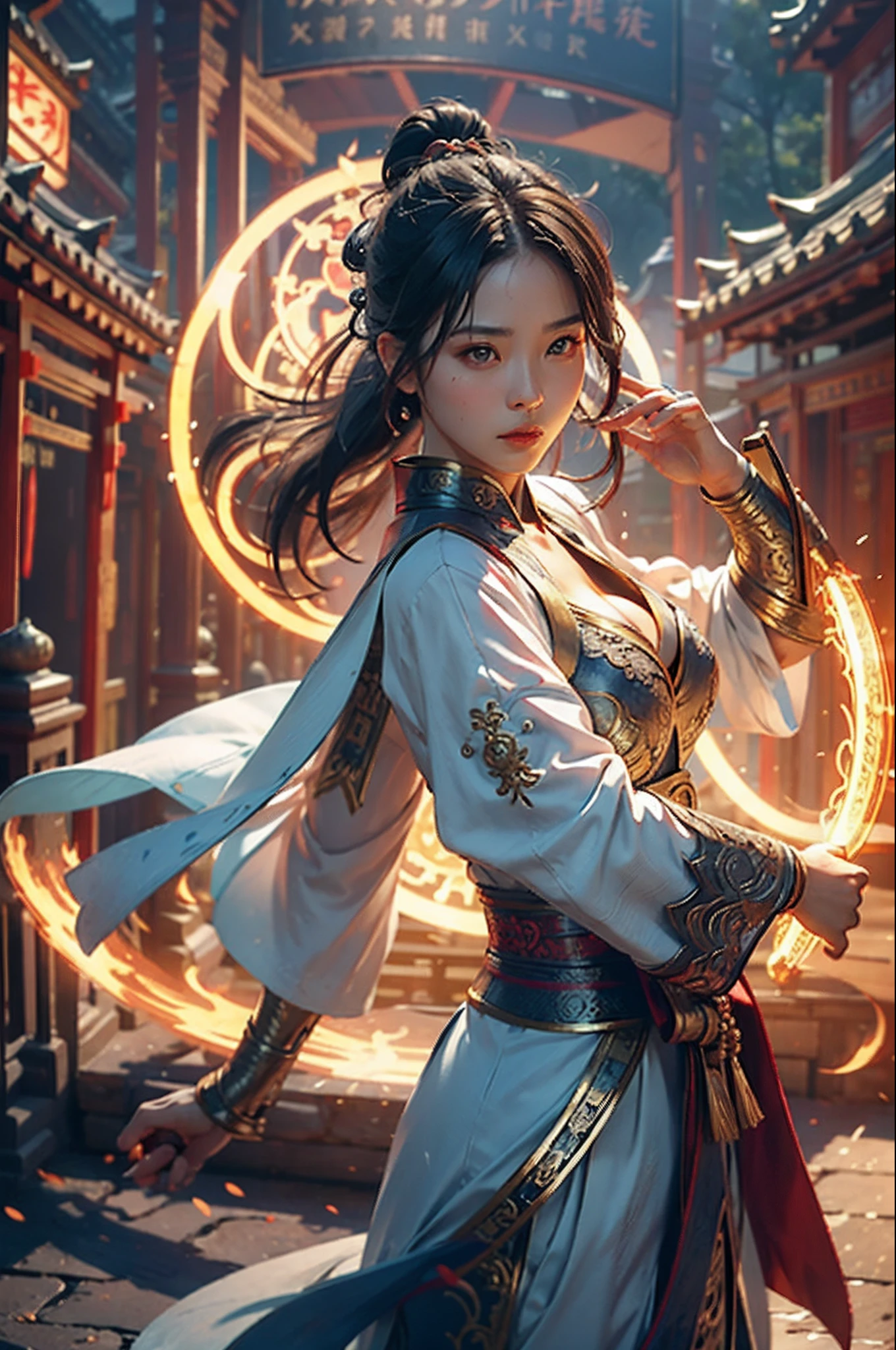 Best quality, masterpiece, super high resolution, (photo realism: 1.4), Xiuxian, weapon, detail face 1 girl, solo, weapon, cleavage, (magic circle: 1.2), Xiuxian, upper body, pretty girl,。。