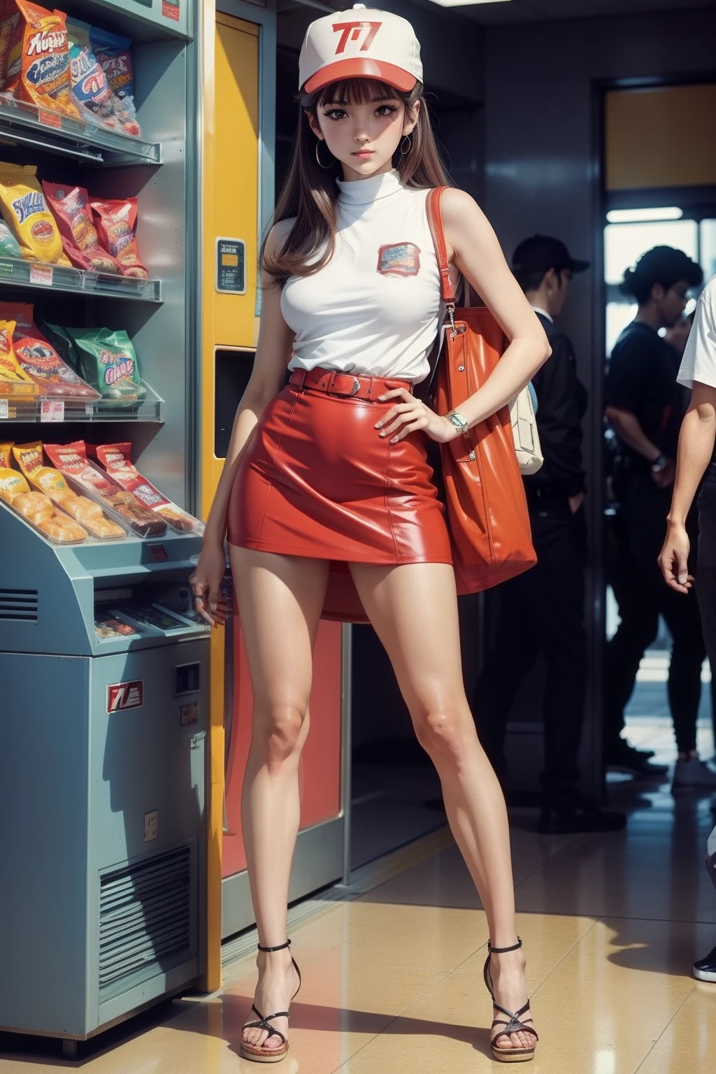 Full body, Vintage 90's anime style. stylish model in 7/11 convenience store., sci-fi.