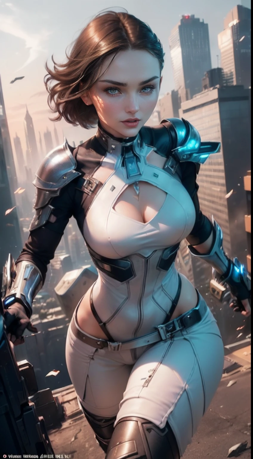 ((Cate: Similar to Miranda Kerr 32 YO & Perfect face & seductive expression & White cyberpunk dress & Full armor with pants & Ultra-detailed hazel eyes & Tall & Slender & Pale skin & Dark brown short hair & Small bust & hourglass figure, detailed hands)) She Is Running On The Rooftops, Dynamic adventurer Poses, Background Futuristic Night City,|