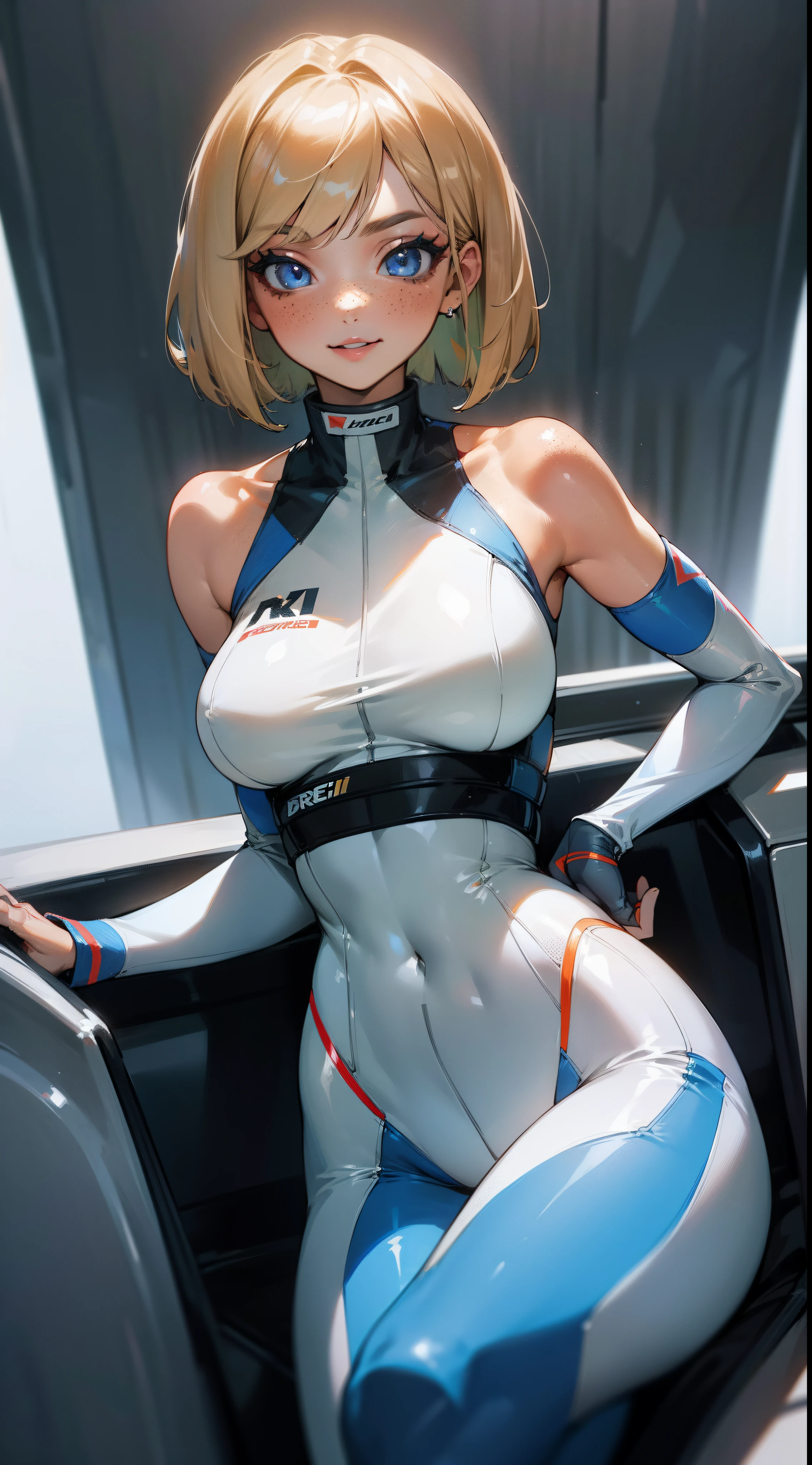 8k, super detail, masterpiece, high details, high quality, award winning, best quality, highres, HD, female, perfect body, big eyes, blonde hair, bob cut, blue eyes, makeup, freckles, huge breasts, model pose, (portrait:1), masterpiece, parted lips, masterpiece, volumetric lighting, mascara, eyeshadow, skinny, narrow waist, thighs, light smile, seductive smile, race suit, white bodysuit, racecar, flirting, bare shoulders, midriff