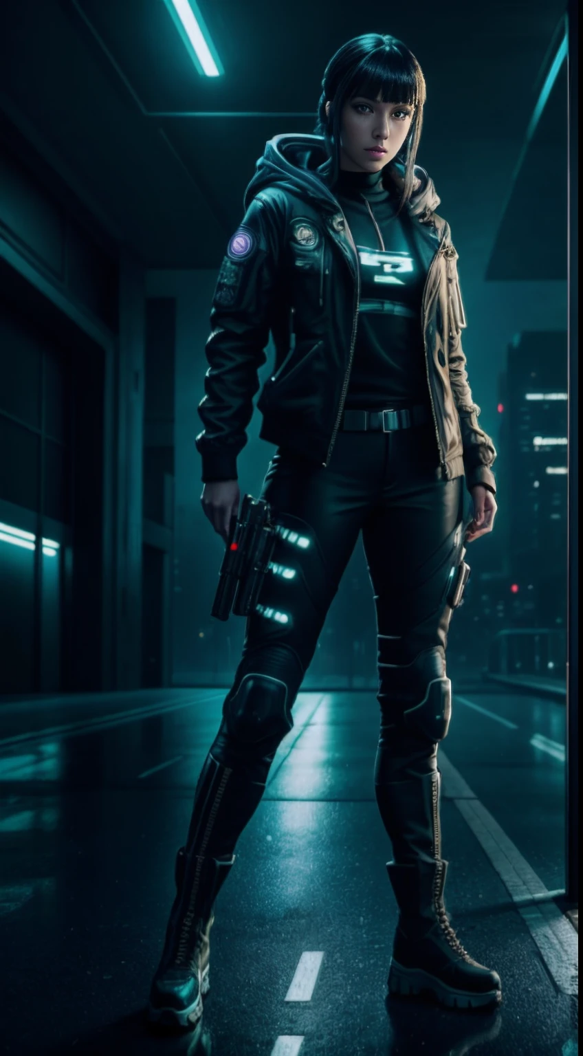 cyberpunk portrait photography, beautiful young woman looking off camera in glowing futuristic tactical hood jacket, tight cargo pants, tactical boots, super realistic face, proper eye position, natural skin, soft light, rim light, hips, in road side, detailed background, intricate, full body shot, highly detail, octane render, HD, 8k, by Annie Leibovitz,120mm