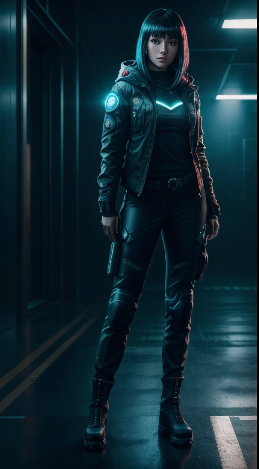 cyberpunk portrait photography, beautiful young woman looking off camera in glowing futuristic tactical hood jacket, tight cargo pants, tactical boots, super realistic face, proper eye position, natural skin, soft light, rim light, hips, in road side, detailed background, intricate, full body shot, highly detail, octane render, HD, 8k, by Annie Leibovitz,120mm