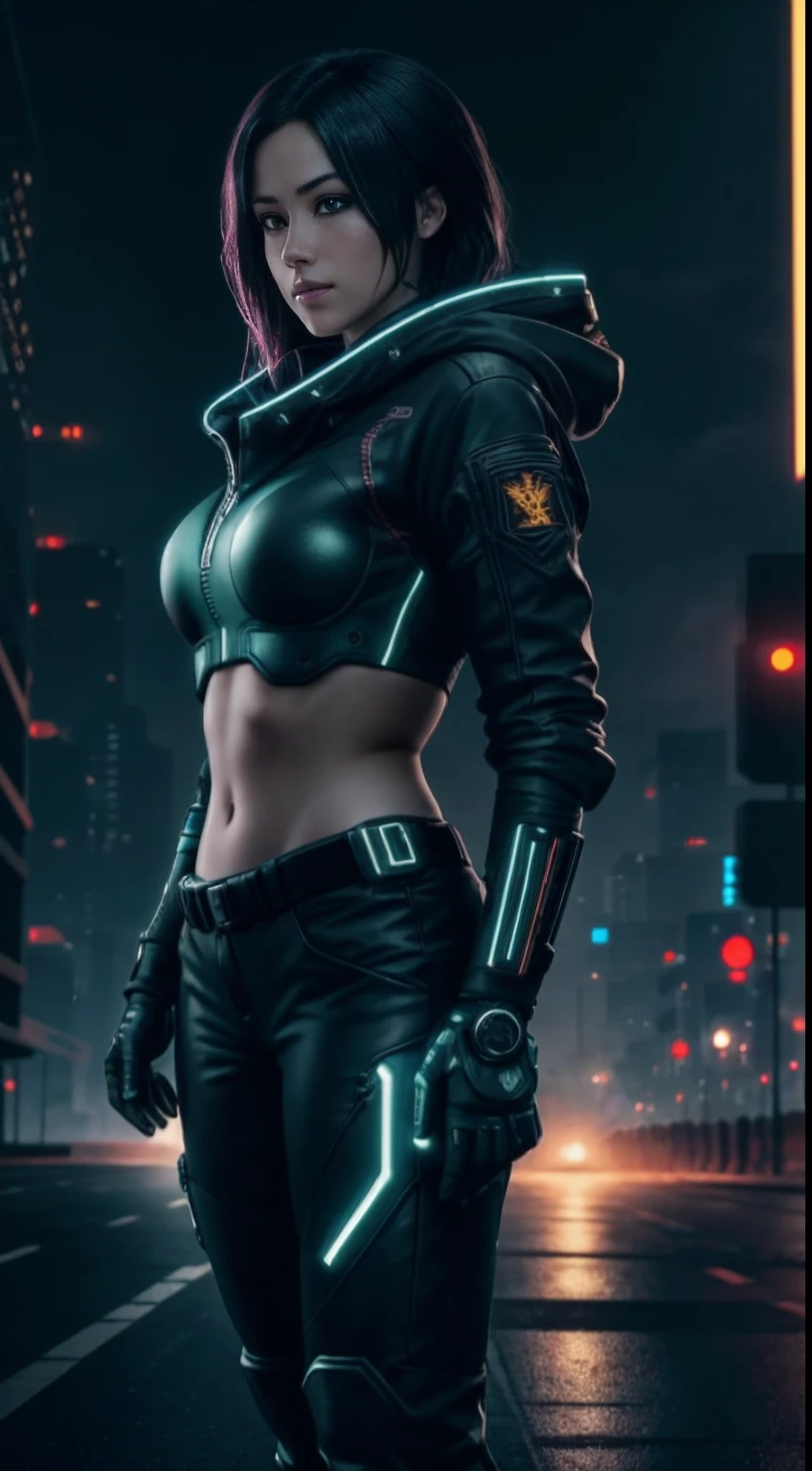 cyberpunk portrait photography, beautiful young woman looking off camera in glowing futuristic tactical hood jacket, tight cargo pants, tactical boots, super realistic face, proper eye position, natural skin, soft light, rim light, hips, in road side, detailed background, intricate, full body shot, highly detail, octane render, HD, 8k, by Annie Leibovitz,120mm