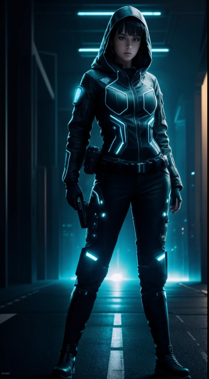 cyberpunk portrait photography, beautiful young woman looking off camera in glowing futuristic tactical hood jacket, tight cargo pants, tactical boots, super realistic face, proper eye position, natural skin, soft light, rim light, hips, in road side, detailed background, intricate, full body shot, highly detail, octane render, HD, 8k, by Annie Leibovitz,120mm