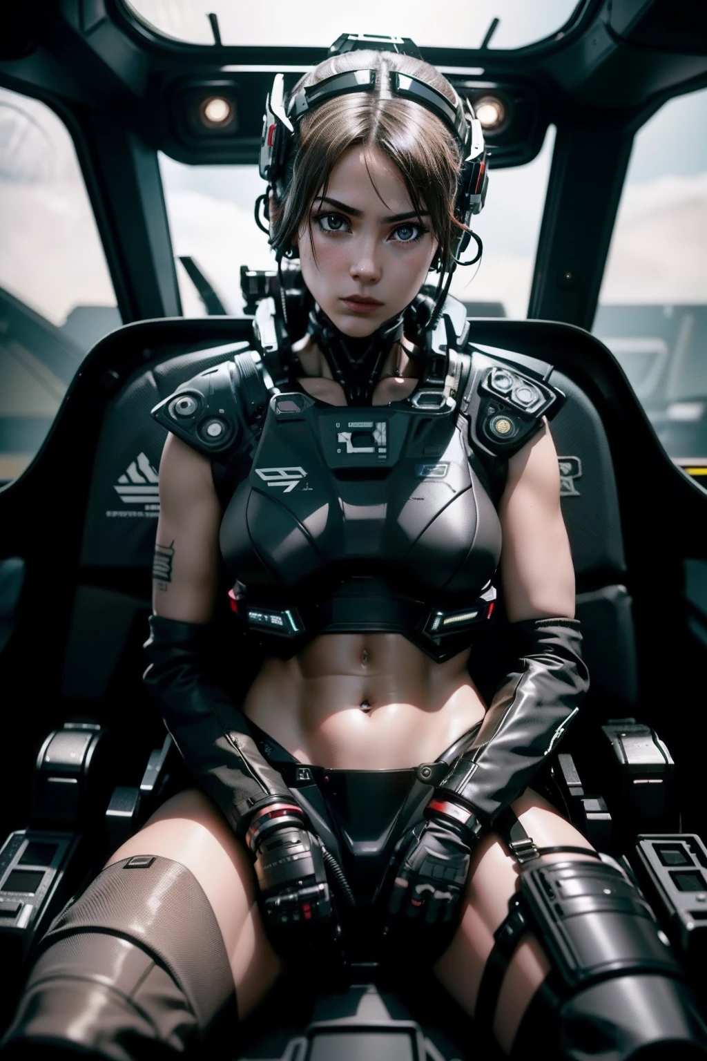 Foto realista, cinematric photo, chica sexy con bikini sentada en una cabina, Mecha Cockpit Shot, Cab wick cables and pipes, Chica en bikini, Vista frontal de una piloto sentada en la cabina, Mech Pilot con asiento amarillo con hebilla, Cabina de nave espacial futurista. Asiento de piloto con cinturones de seguridad. Cockpit of the sci-fi space combat ship. Mechanical pilot seat, ArtStation - Mecha Pilot girl, cyberpunk, neon genesis evangelion, anime, pelirroja, futurista, interfaz digital, cabina de combate, Cockpit of the fighter jet, fighter jet, controles de joystick, Neon screens, Aircraft controls in the cockpit, grandes senos, ambiente oscuro con neblina, cinematic effect, estilo matrix, estilo blade runner