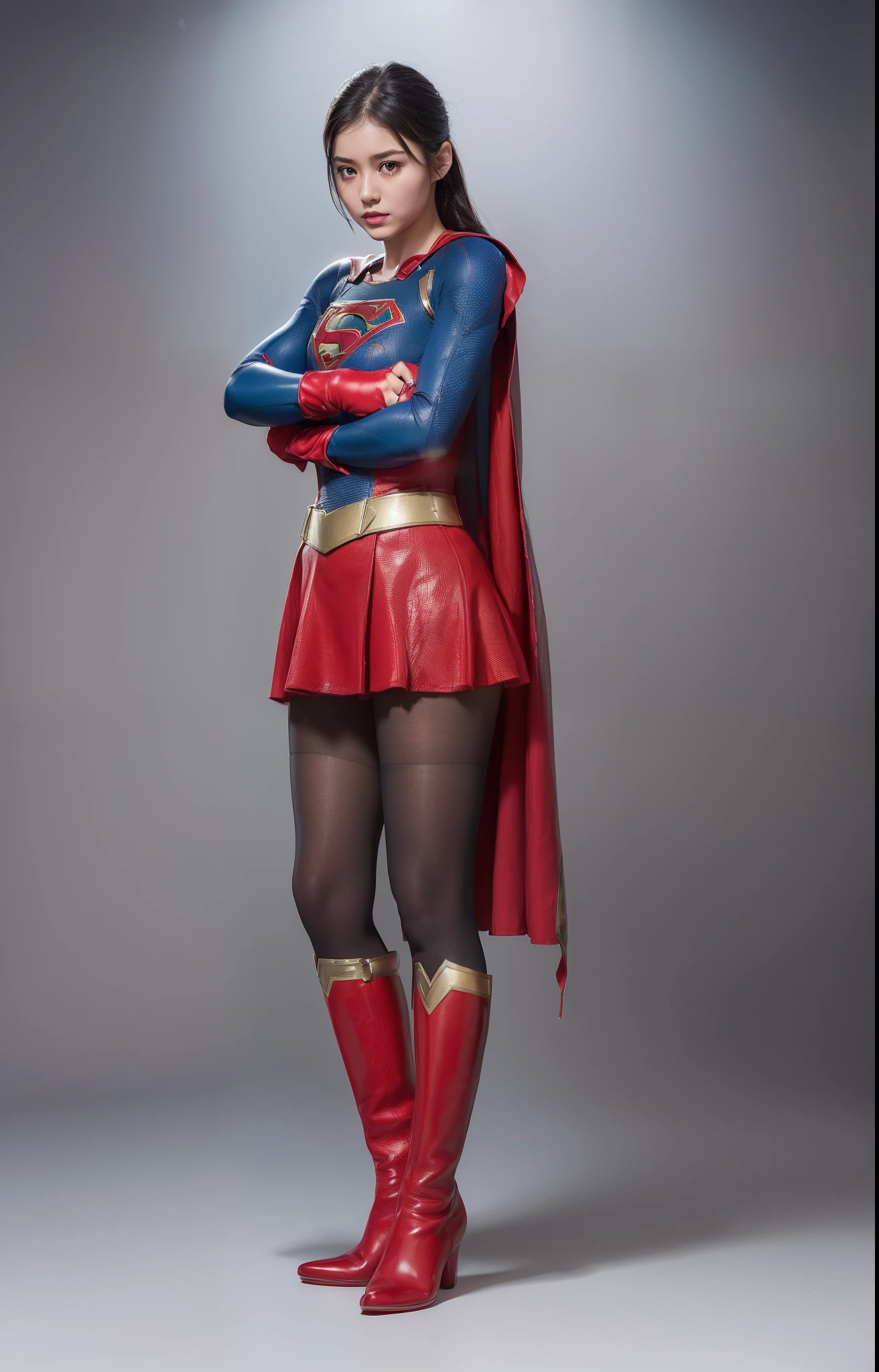 (((Make the most of the original image)))、(((Supergirl Costume)))、(((lustrous dark hair)))、(((Suffering)))、(((Feet must necessarily be worn with black tights)))、(((You need to wear red boots)))、((Top image quality、8K))、((top-quality、8K、masterpiece:1.3))、Crisp focus:1.2、Beautiful woman with perfect body shape:1.4、Slender Abs:1.2、((layers-Cut、large boob:1.2))、a wet body:1.5、Highly detailed facial and skin texture、