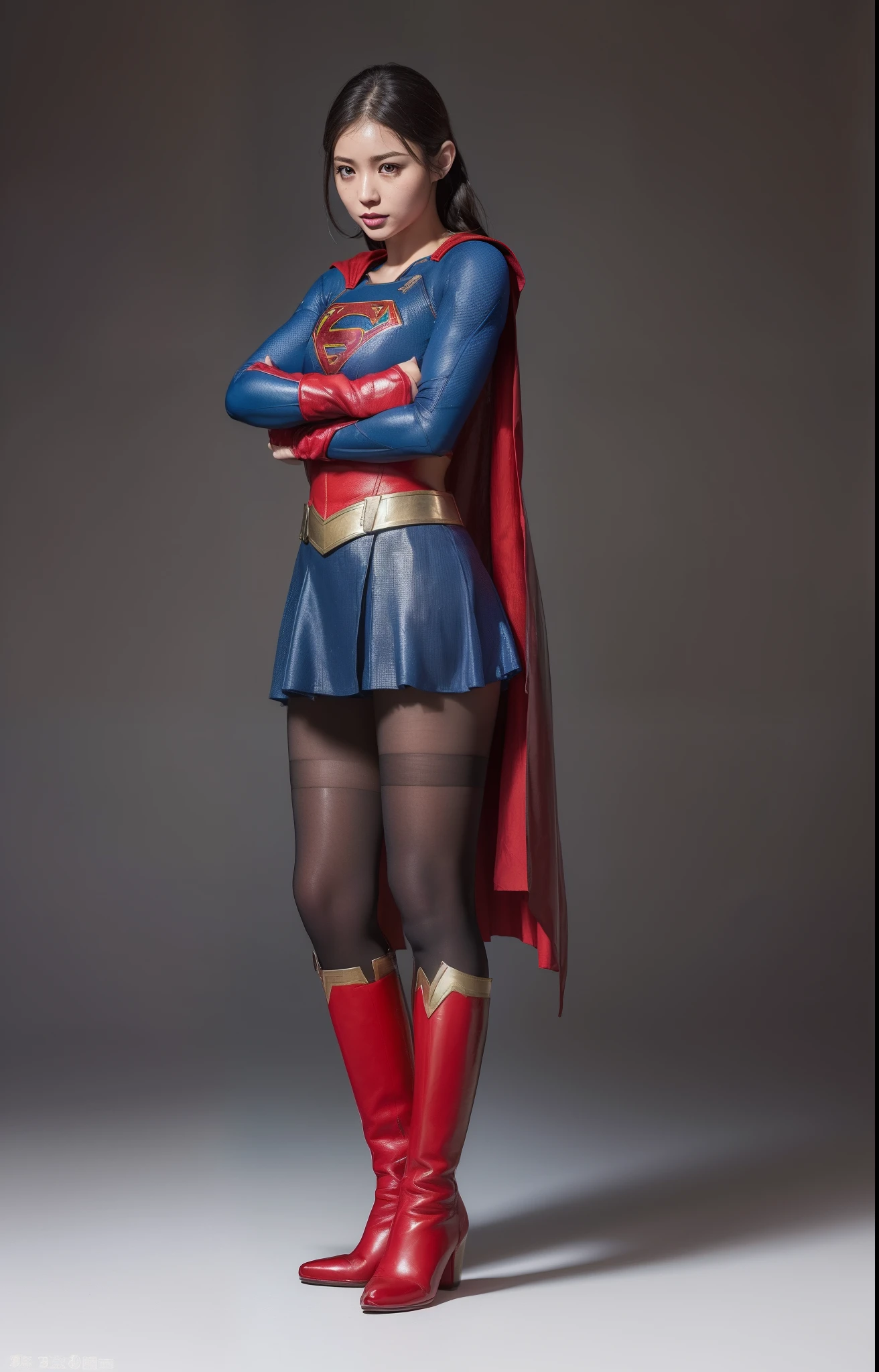(((Make the most of the original image)))、(((Supergirl Costume)))、(((lustrous dark hair)))、(((Suffering)))、(((Feet must necessarily be worn with black tights)))、(((You need to wear red boots)))、((Top image quality、8K))、((top-quality、8K、masterpiece:1.3))、Crisp focus:1.2、Beautiful woman with perfect body shape:1.4、Slender Abs:1.2、((layers-Cut、large boob:1.2))、a wet body:1.5、Highly detailed facial and skin texture、