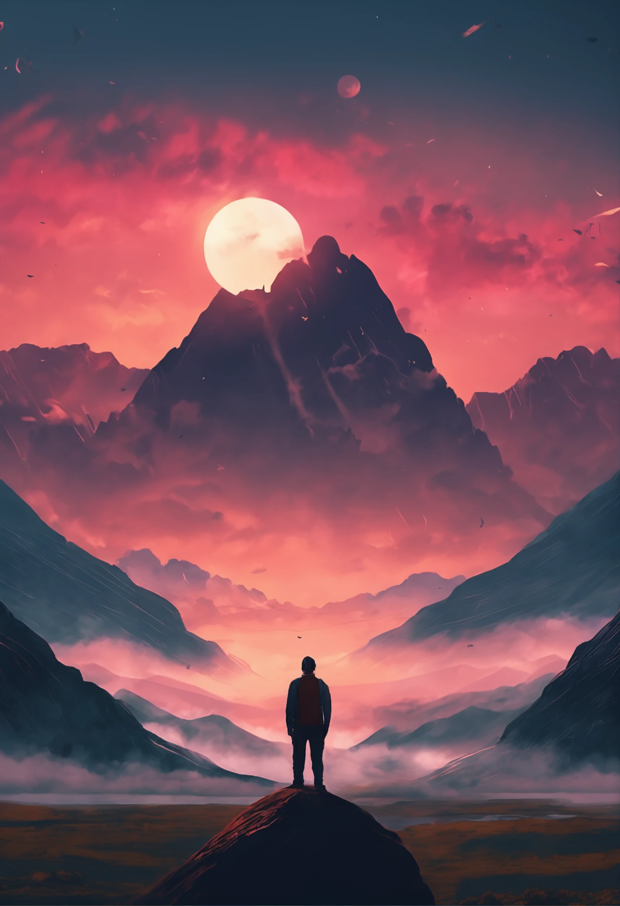 It generates a cinematic portrait of a person on his back sitting on the horizon looking up at the sky at sunset with beautiful images in a prayerful attitude.