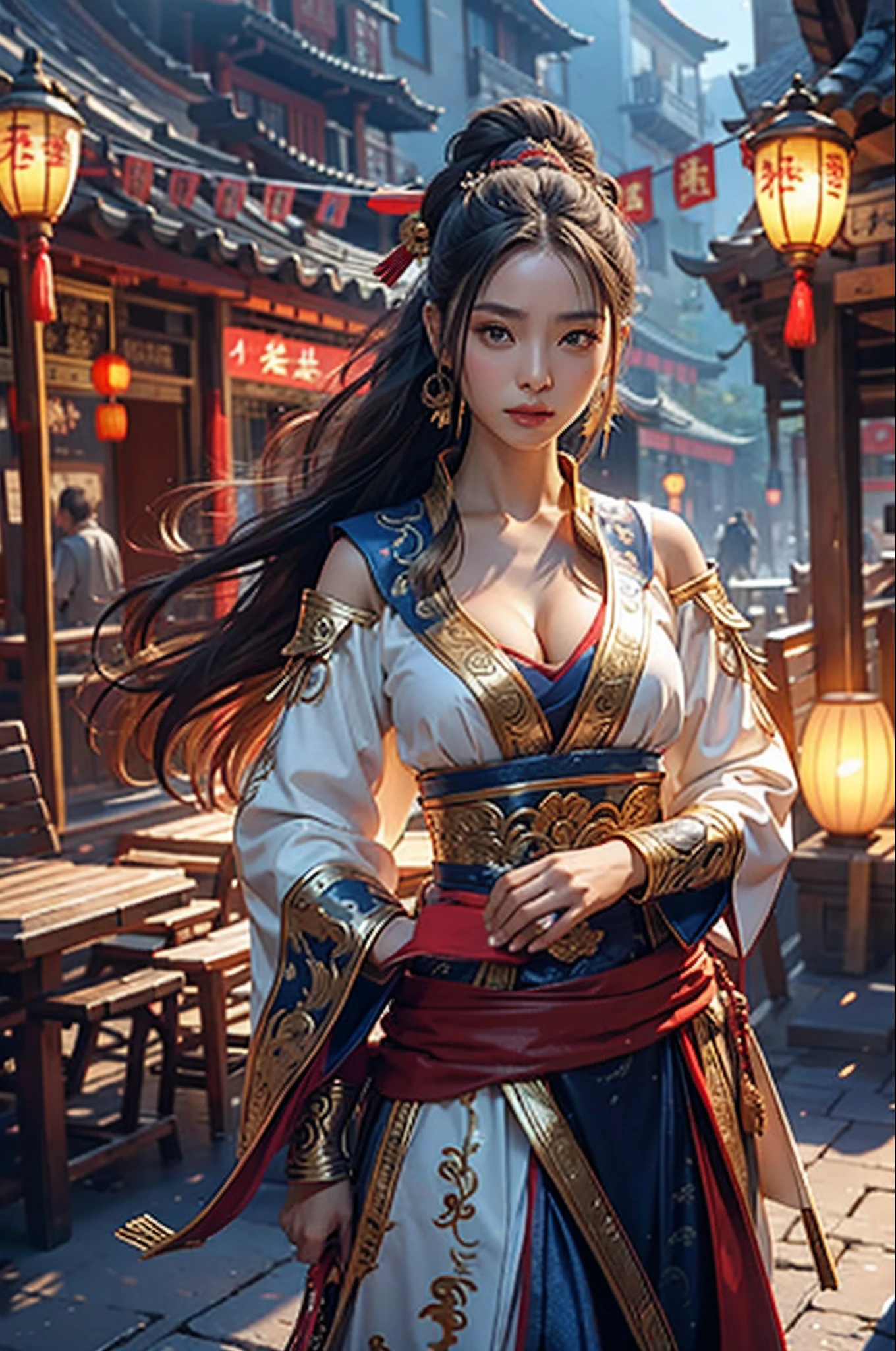 beste-Qualit, tmasterpiece, extra high resolution, (photo-realistic: 1,4), xiuxian, arma, detailized face,
a 1girl, 独奏, arma, décolleté, (magical circle: 1.2), xiuxian, upper-body, handsome girl, full - body,cleavage, East Asian architecture, scabbard, architechture,