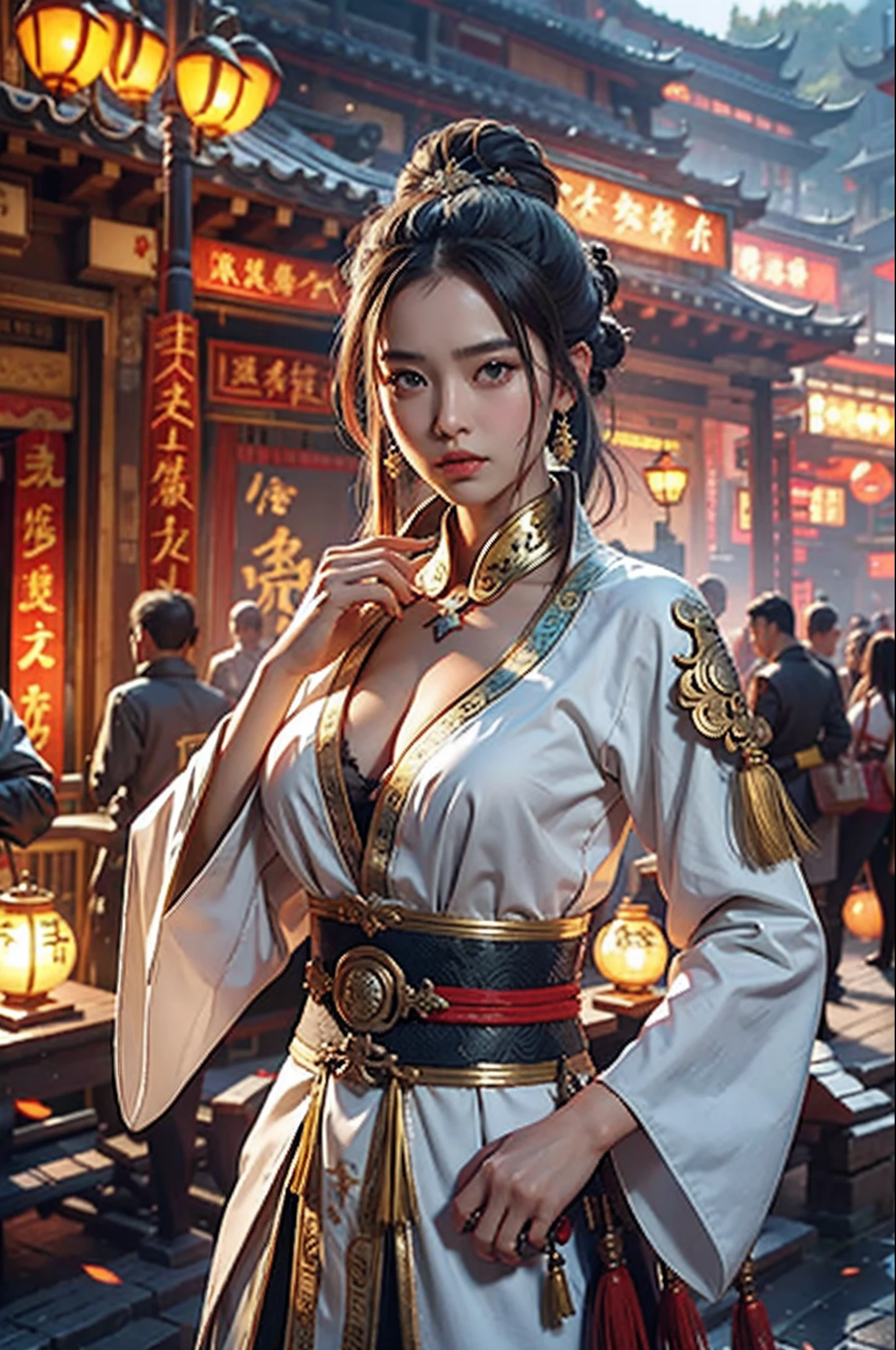 beste-Qualit, tmasterpiece, extra high resolution, (photo-realistic: 1,4), xiuxian, arma, detailized face,
a 1girl, 独奏, arma, décolleté, (magical circle: 1.2), xiuxian, upper-body, handsome girl, full - body,cleavage, East Asian architecture, scabbard, architechture,