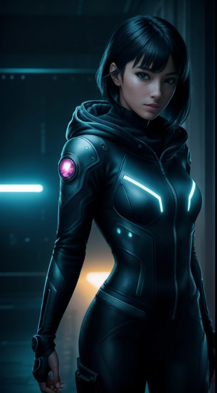 cyberpunk portrait photography, beautiful young woman looking off camera in glowing futuristic tactical hood jacket, tight cargo pants, tactical boots, super realistic face, proper eye position, natural skin, soft light, rim light, hips, in road side, detailed background, intricate, full body shot, highly detail, octane render, HD, 8k, by Annie Leibovitz,120mm