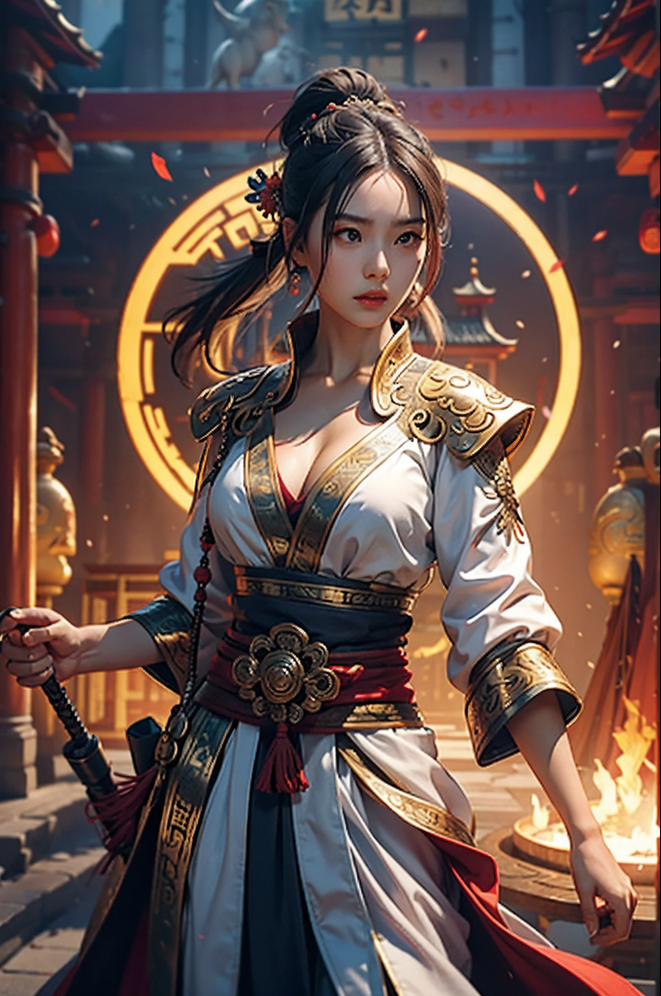 beste-Qualit, tmasterpiece, extra high resolution, (photo-realistic: 1,4), xiuxian, arma, detailized face,
a 1girl, 独奏, arma, décolleté, (magical circle: 1.2), xiuxian, upper-body, handsome girl, full - body,cleavage, East Asian architecture, scabbard, architechture,