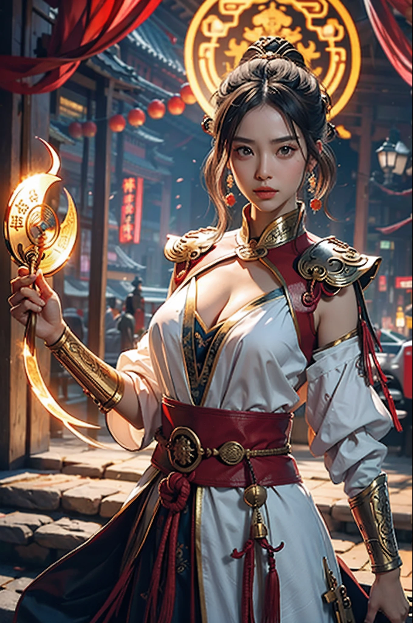 beste-Qualit, tmasterpiece, extra high resolution, (photo-realistic: 1,4), xiuxian, arma, detailized face,
a 1girl, 独奏, arma, décolleté, (magical circle: 1.2), xiuxian, upper-body, handsome girl, full - body,cleavage, East Asian architecture, scabbard, architechture,