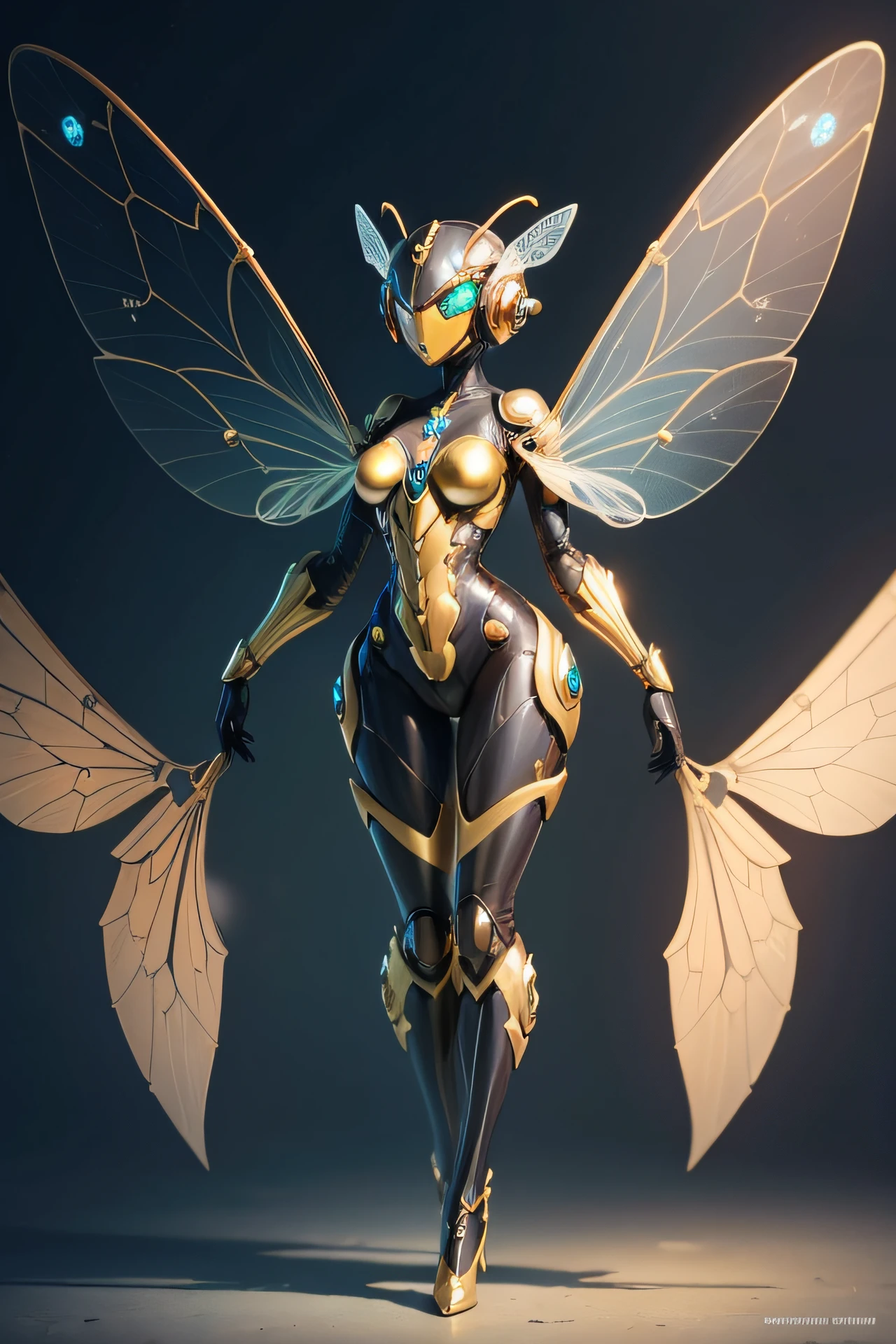 Feminine insect humanoid creature, Four insectoid arms, wings Similar to a bee, Yellow and black color design、 Faceless, monstrous insect, chitin skin, large almond shaped eyes, humanoid body style, thri-kreen DnD character