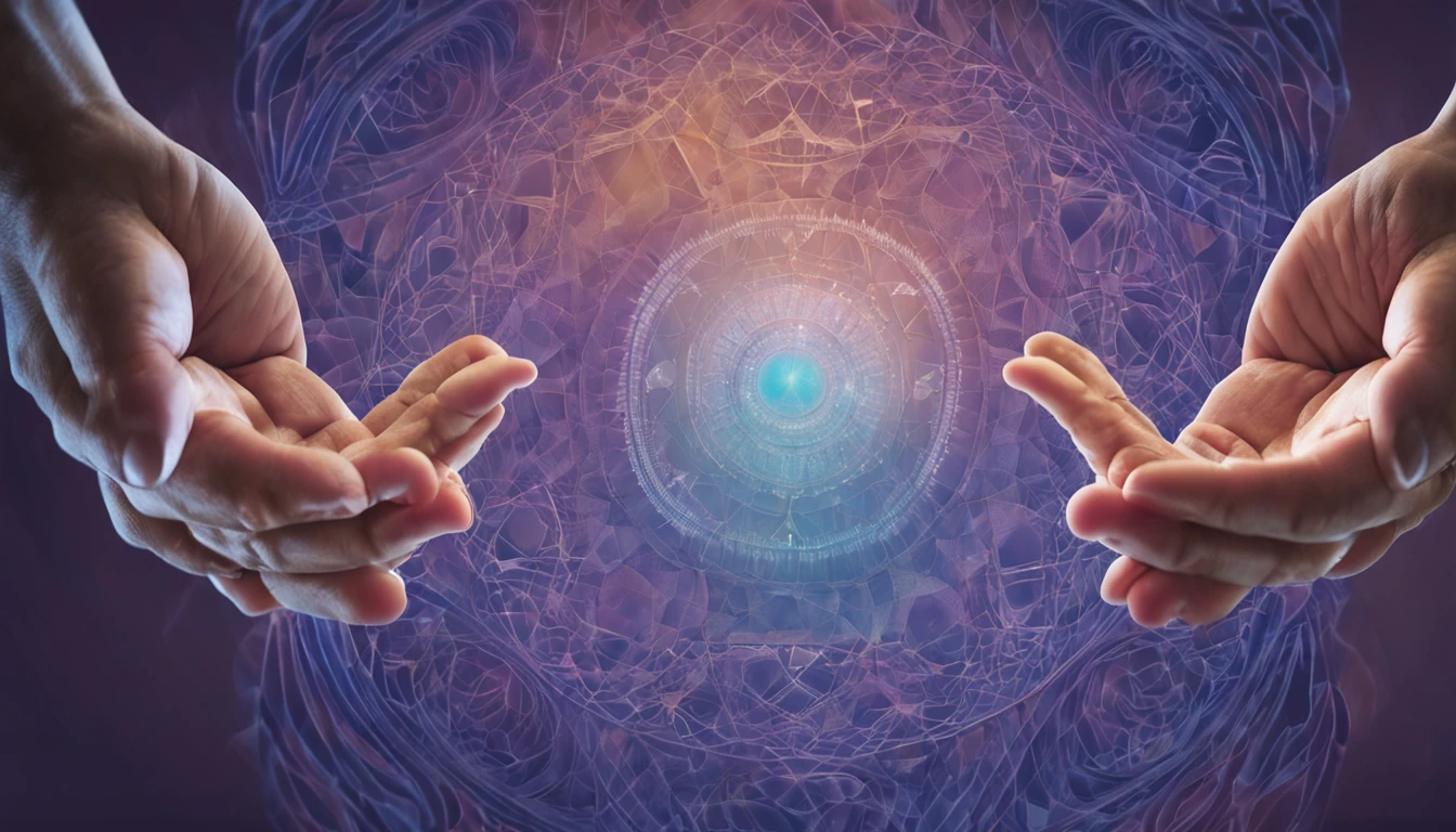 Imagem realista com um fundo suave e reconfortante com cores quentes, como tons de azul e roxo que transmitem serenidade e espiritualidade. no centro da imagem, A pair of perfect well-designed hands with 5 fingers stands out, a thumb being joined in prayer, com uma luz suave irradiando deles, symbolizing intercession and spiritual connection. Around the hands, There is a circle of small thumbnail photos of the channel's subscribers, mostrando diversidade e unidade na comunidade. Photos are slightly blurry, representando o anonimato dos assinantes, but still revealing a sincere connection. Como um toque final, Um suave efeito de luz dourada permeia toda a miniatura, adding a touch of divinity and hope.