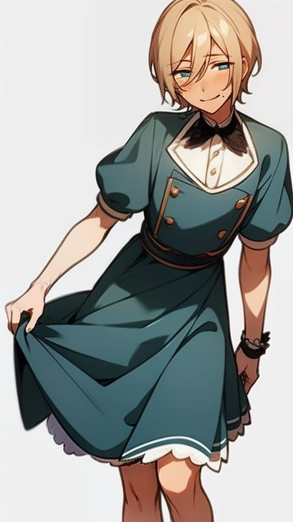eichi tenshouin, solo girl, cute girl, blonde short hair, blue shining eyes, cyan eyes, wearing maid dress, cute long shorts, black dress, solo girl, girl in maiddress, frown, blush, shy girl, big boobs, slim waist, black shoes, cute girl shoes, big boobs, slim waist