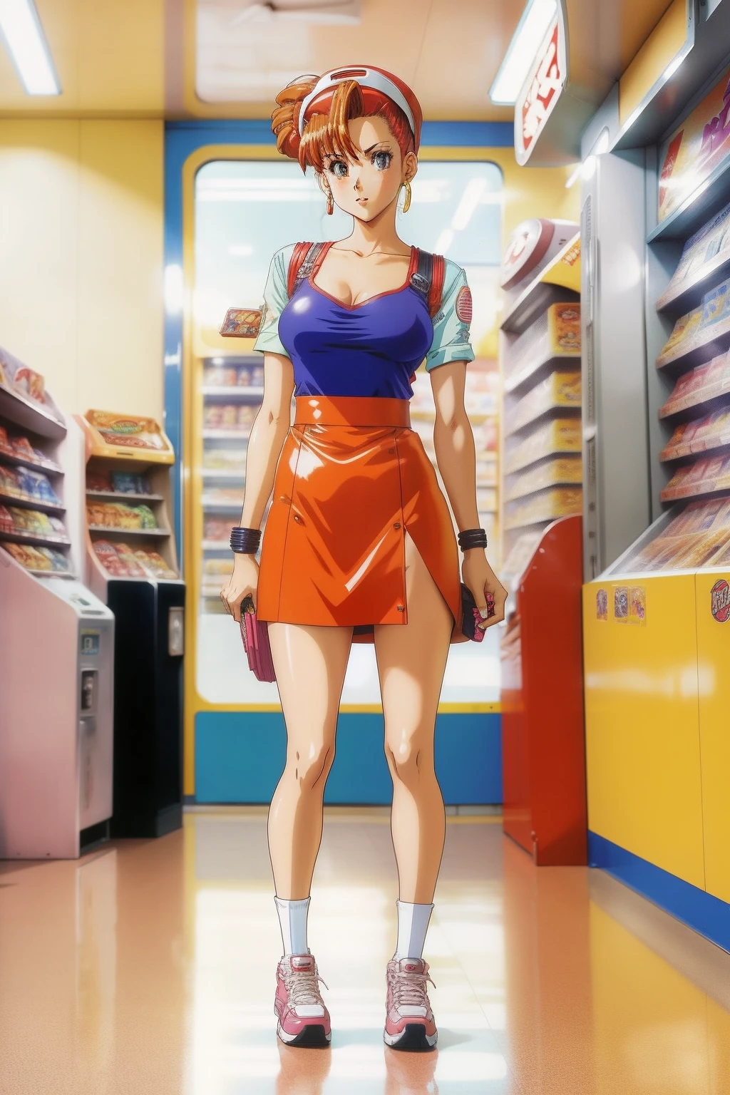 Full body, Vintage 90's anime style. stylish model in 7/11 convenience store., sci-fi.