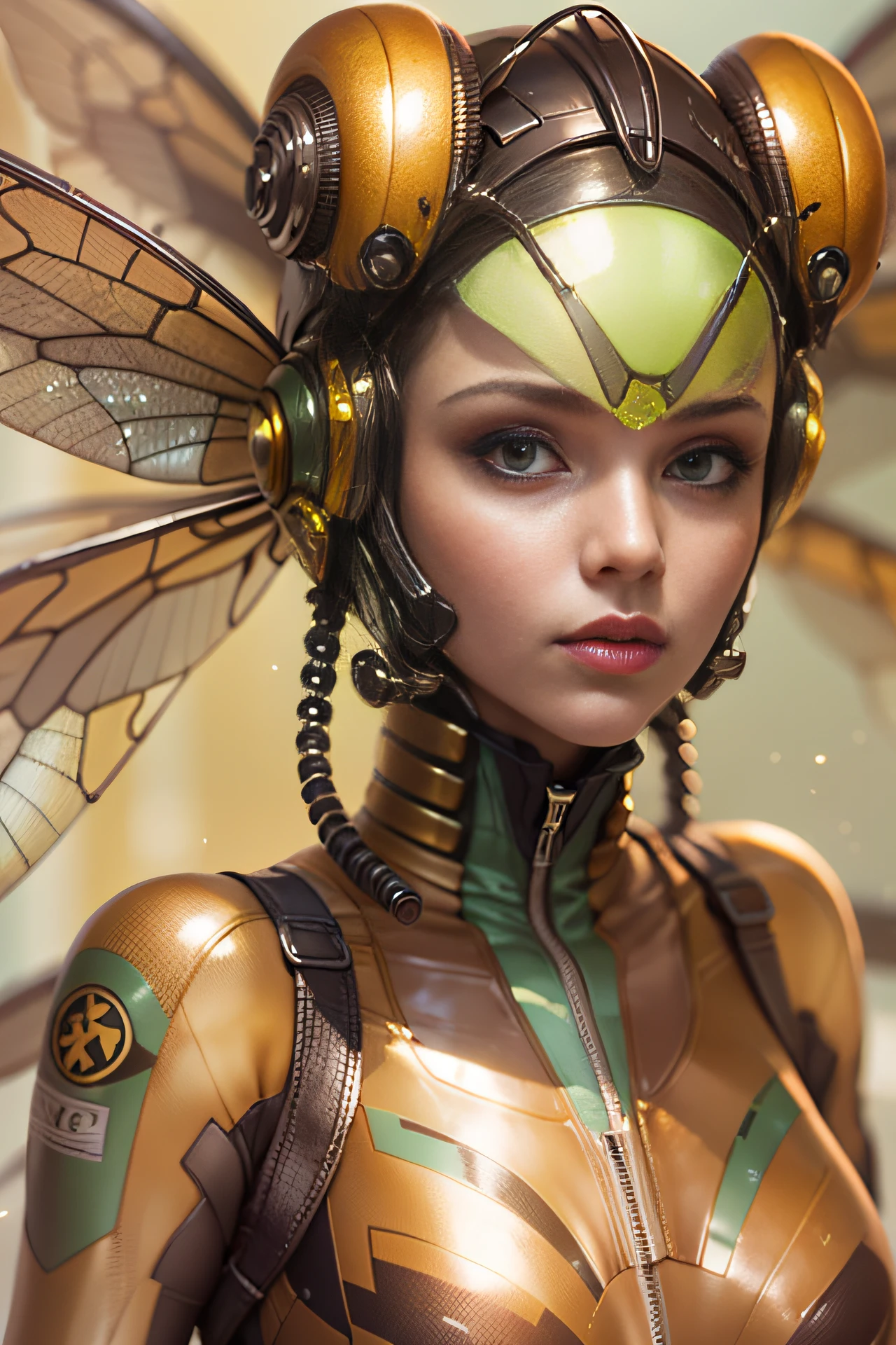 Woman naked with futuristic glass mechanical wings, only in gold body jewlry float in air like cyberpunk fairy, flying on the jungle, ultra Detailed face, ((flying girl)), ((flying on the się, above the green wild jungle)) ((girl flying in the sky on the futuristic)), She flying, flying like cyberpunk fairy, Highly Detailed Face and Skin Texture, big green eyes, juicy lips, bimbo lips, white skin, pale skin, fair complexion (very curly Black hair), (pale skin), Detailed Eyes, Double Eyelids, wet curly black  hair, gold metal cyberpunk tapes, metal Collar, metal gold futuristic ((vaginal piercing)), gold jewelry on wet body, wet skin. She is naked, puffy medium breast, gold substance on the naked breast, naked, White skin, she is on the futuristic cyberpunk flying disc drone in the jungle, futuristic cyberpunk pilot helmet on head. Piercing in the nose. (Full body), ((dynamic posture))