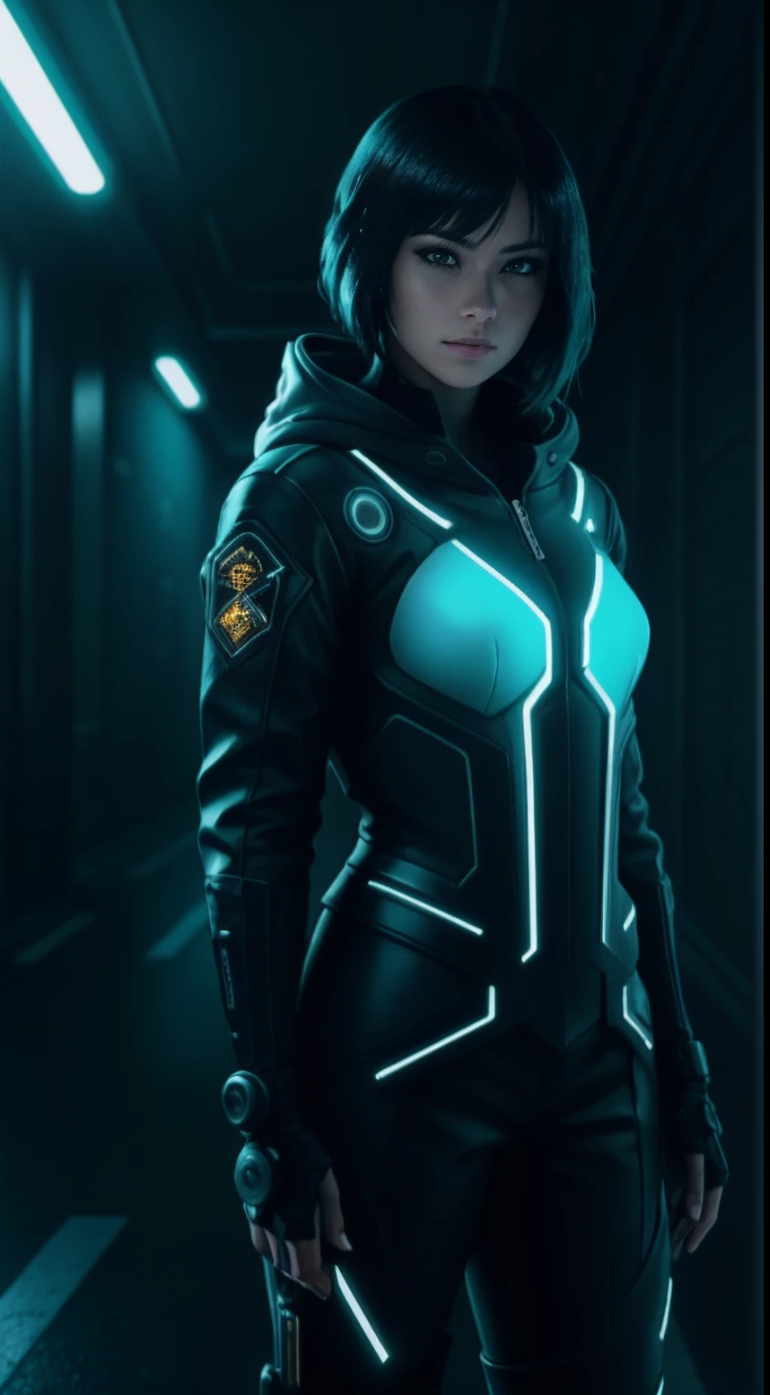 cyberpunk portrait photography, beautiful young woman looking off camera in glowing futuristic tactical hood jacket, tight cargo pants, tactical boots, super realistic face, proper eye position, natural skin, soft light, rim light, hips, in road side, detailed background, intricate, full body shot, highly detail, octane render, HD, 8k, by Annie Leibovitz,120mm