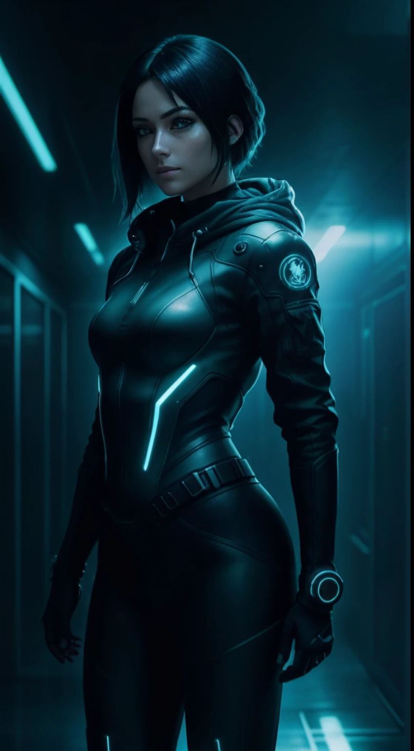 cyberpunk portrait photography, beautiful young woman looking off camera in glowing futuristic tactical hood jacket, tight cargo pants, tactical boots, super realistic face, proper eye position, natural skin, soft light, rim light, hips, in road side, detailed background, intricate, full body shot, highly detail, octane render, HD, 8k, by Annie Leibovitz,120mm