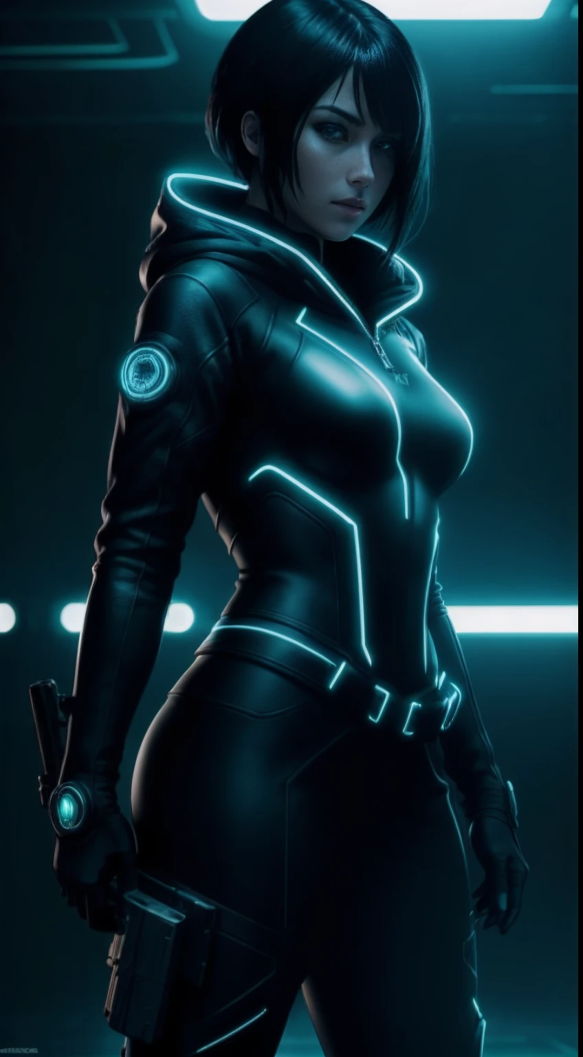 cyberpunk portrait photography, beautiful young woman looking off camera in glowing futuristic tactical hood jacket, tight cargo pants, tactical boots, super realistic face, proper eye position, natural skin, soft light, rim light, hips, in road side, detailed background, intricate, full body shot, highly detail, octane render, HD, 8k, by Annie Leibovitz,120mm