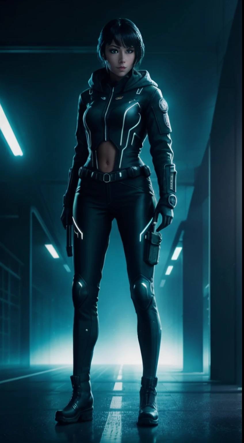 cyberpunk portrait photography, beautiful young woman looking off camera in glowing futuristic tactical hood jacket, tight cargo pants, tactical boots, super realistic face, proper eye position, natural skin, soft light, rim light, hips, in road side, detailed background, intricate, full body shot, highly detail, octane render, HD, 8k, by Annie Leibovitz,120mm