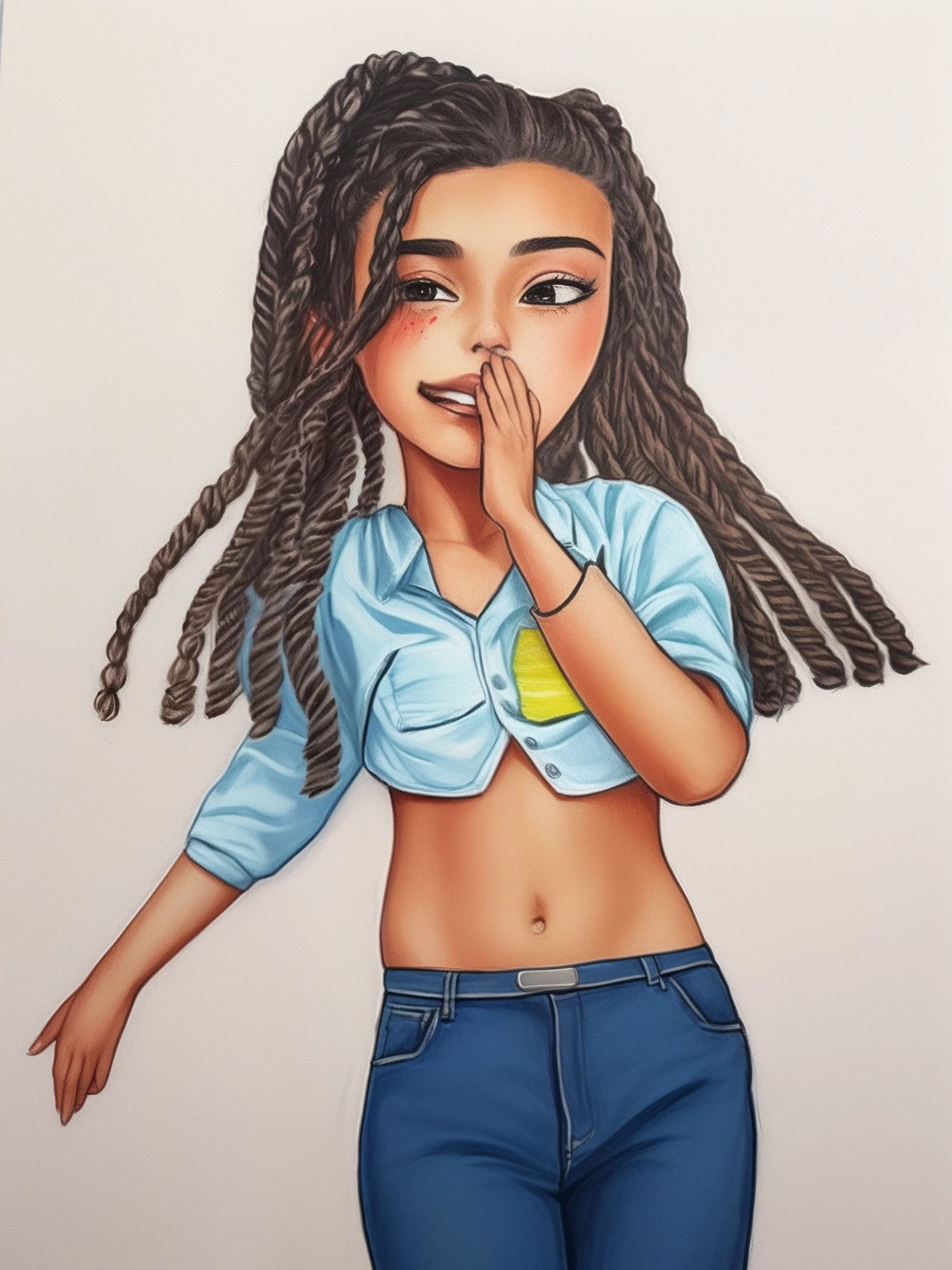 desenho de uma mulher com dreadlocks e uma camisa em, pintinhas na bochecha , desenho realista, colorful sketch, com sombreamento, girl with plaits, retrato!!!!!!, Descrito!!!, , inspirado em Chinwe Chukwuogo-Roy, colorido em preto e branco ( ( caneta colorida ) ), self - retrato!!!!, desenho colorido, anime, animification.
