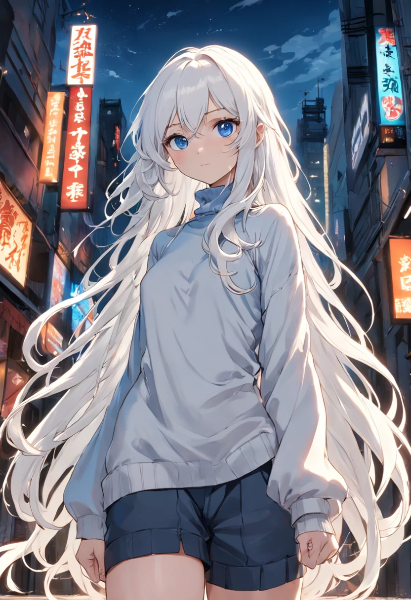 white long wavy hair , blue eyes , wearing turtle neck top , loose cargo pants , boots , cool , detailed