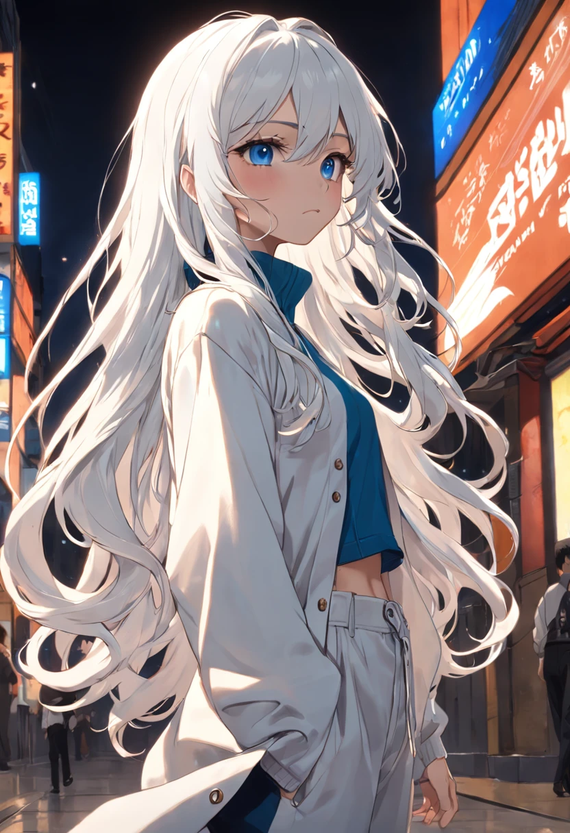 white long wavy hair , blue eyes , wearing turtle neck top , loose cargo pants , boots , cool , detailed