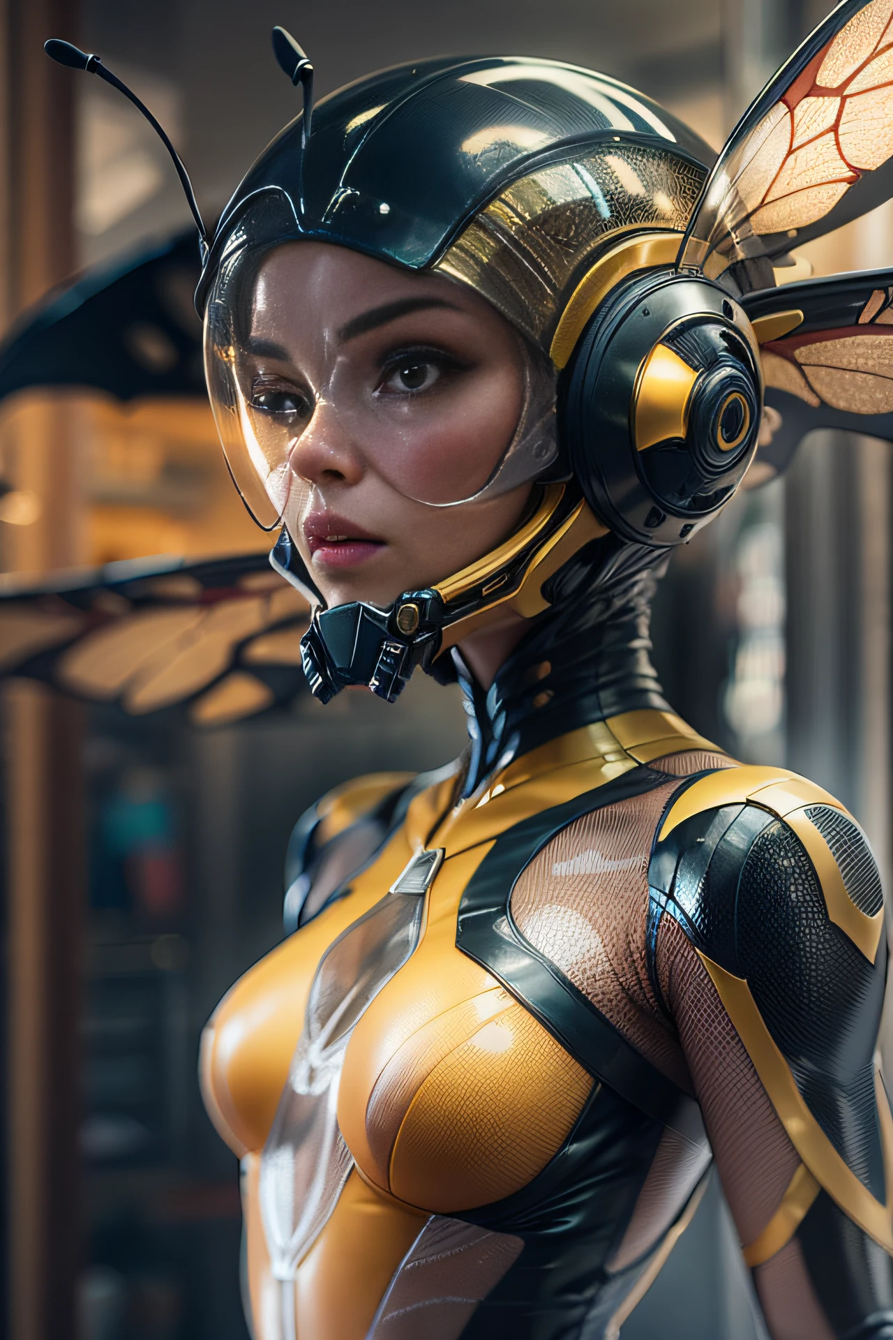 An exquisitely detailed portrayal of an astonishing Insectoid girl adorned with a remarkable Wasp Body, Shiny Plug Suit, Wasp wings, Full body, Flying, Clear Glass Visor Helmet, Beautyful Fashion model Face, Wide Angle Lens