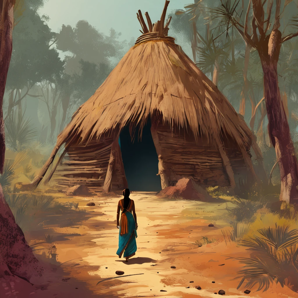 an ancient indian woman approaching a hut in a forest