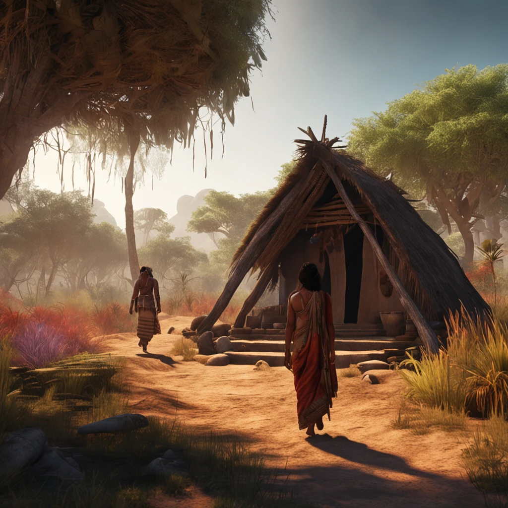 an ancient indian woman approaching a hut in a forest