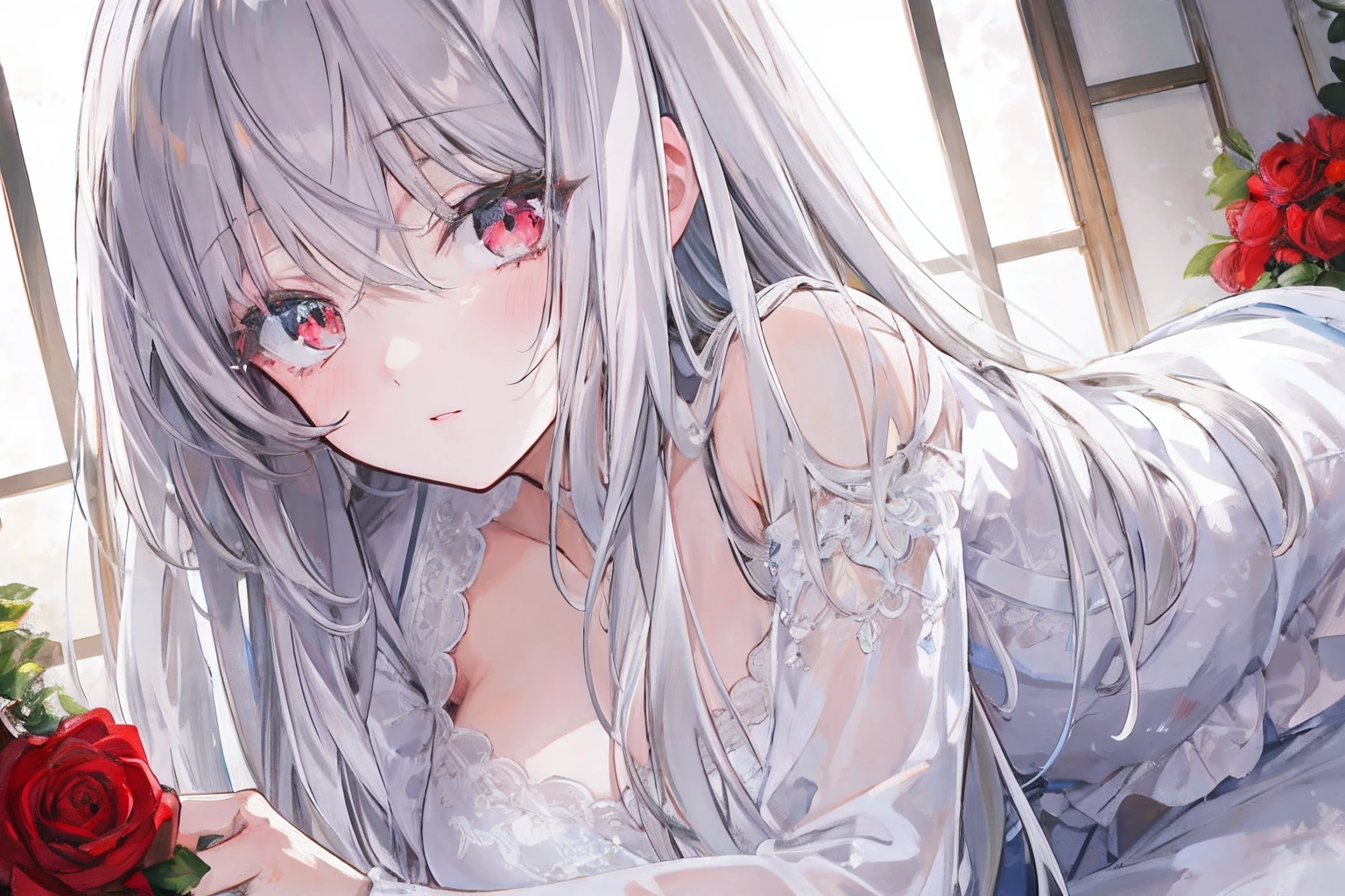 Garota anime com longos cabelos grisalhos e olhos vermelhos deitada em uma cama, night core, com olhos vermelhos brilhantes, visual anime de uma bonito, divindade de cabelos brancos, com olhos vermelhos brilhantes, "Mulher de anime bonita, trending on artstation pixiv, arte de anime digital detalhada, Arte Zerochan, menina sedutora, Loli no vest cabelos prateados