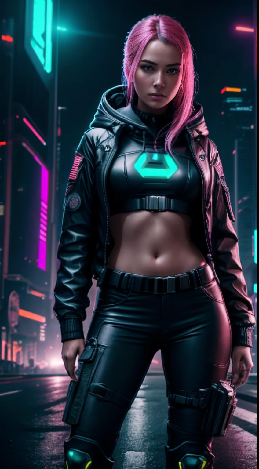 cyberpunk portrait photography, beautiful young woman looking off camera in glowing neon futuristic tactical hood jacket, tight cargo pants, tactical boots, super realistic face, proper eye position, natural skin, soft light, rim light, hips, in road side, detailed background, intricate, full body shot, highly detail, octane render, HD, 8k, by Annie Leibovitz,120mm
