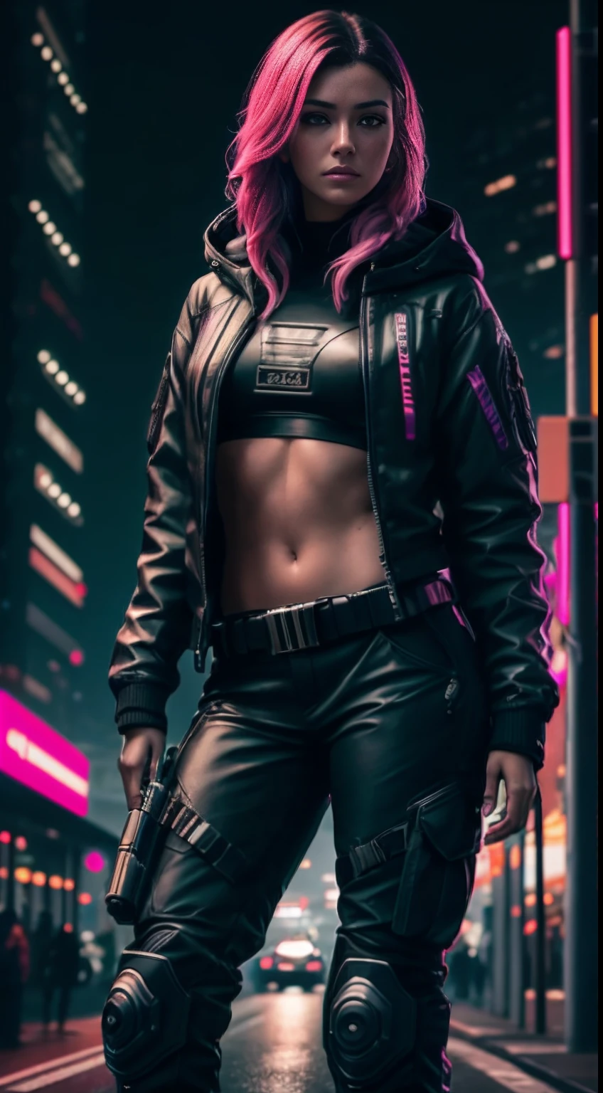 cyberpunk portrait photography, beautiful young woman looking off camera in glowing neon futuristic tactical hood jacket, tight cargo pants, tactical boots, super realistic face, proper eye position, natural skin, soft light, rim light, hips, in road side, detailed background, intricate, full body shot, highly detail, octane render, HD, 8k, by Annie Leibovitz,120mm