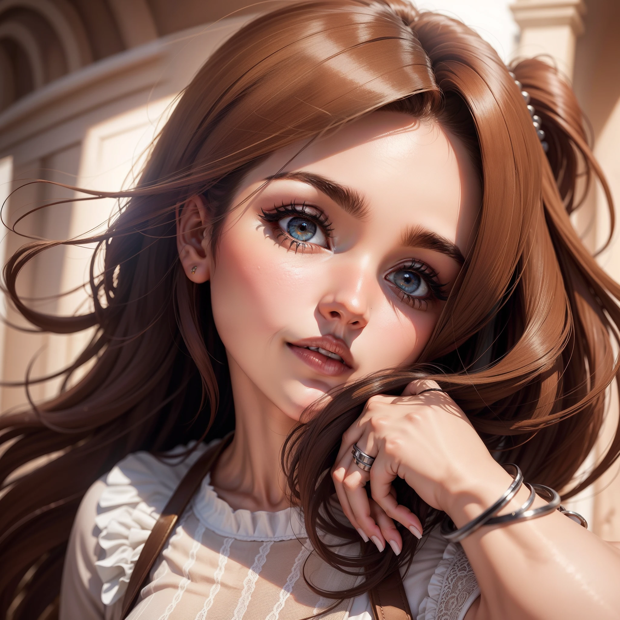 Make a profile picture for a Brazilian woman, de cabelos e olhos castanhos, Lips and cheeks rotated, no Coliseu em Roma.