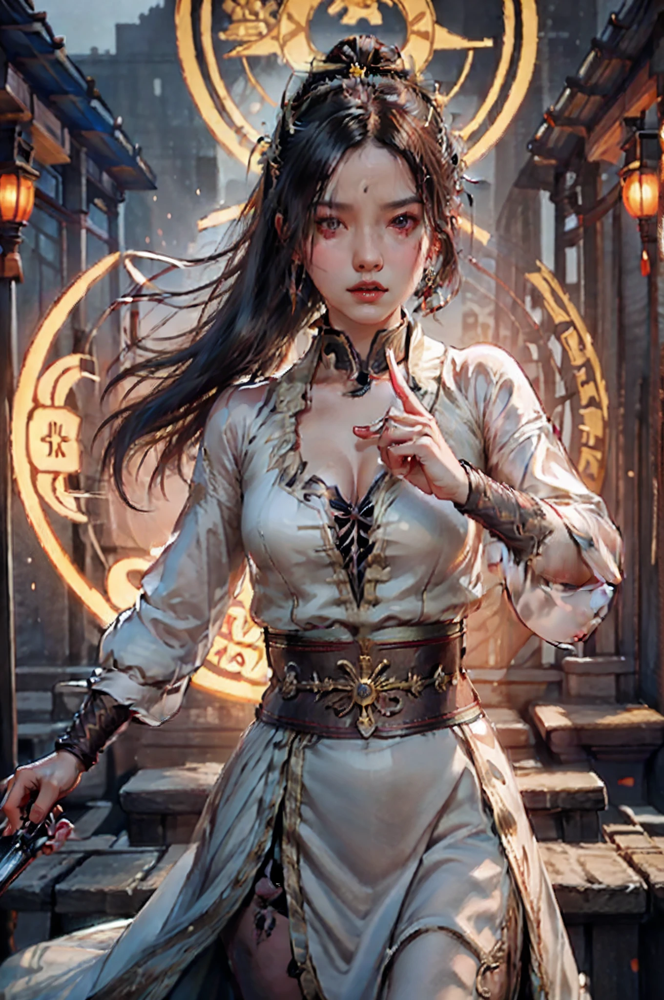 masterpiece, highest quality, RAW, analog style, A stunning portrait of a beautiful woman, morrigan, breast, wearing a mage robe, ((highly detailed skin, skin details)), sharp focus, 8k UHD, DSLR, high quality, film grain, Fujifilm XT3, polaroid, frowning, intricately details, highly detailed, cluttered and detailed background