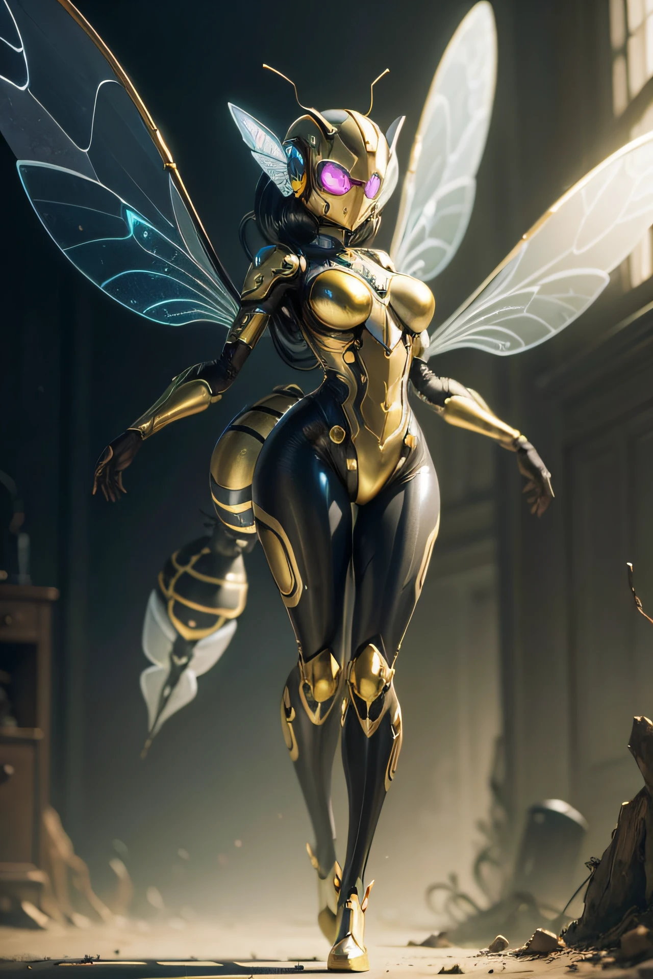 An exquisitely detailed portrayal of an astonishing Insectoid girl adorned with a remarkable Wasp Body, Shiny Plug Suit, Wasp wings, Full body, Flying,