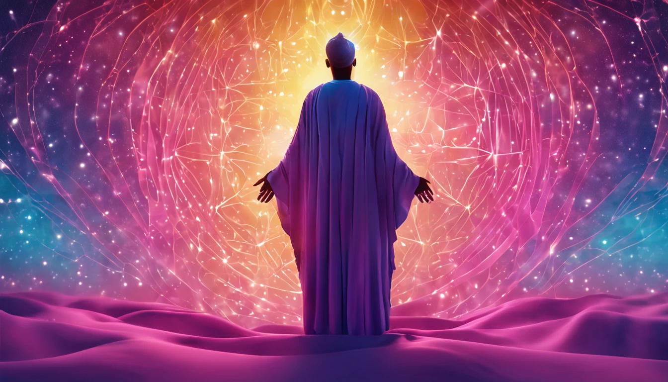 Imagem realista com um fundo suave e reconfortante com cores quentes, como tons de azul e roxo que transmitem serenidade e espiritualidade. no centro da imagem, Uma pessoa sentada de costas , com uma luz suave irradiando deles, symbolizing intercession and spiritual connection. mostrando diversidade e unidade na comunidade. Photos are slightly blurry, representando o anonimato dos assinantes, but still revealing a sincere connection. Como um toque final, Um suave efeito de luz dourada permeia toda a miniatura, adding a touch of divinity and hope.