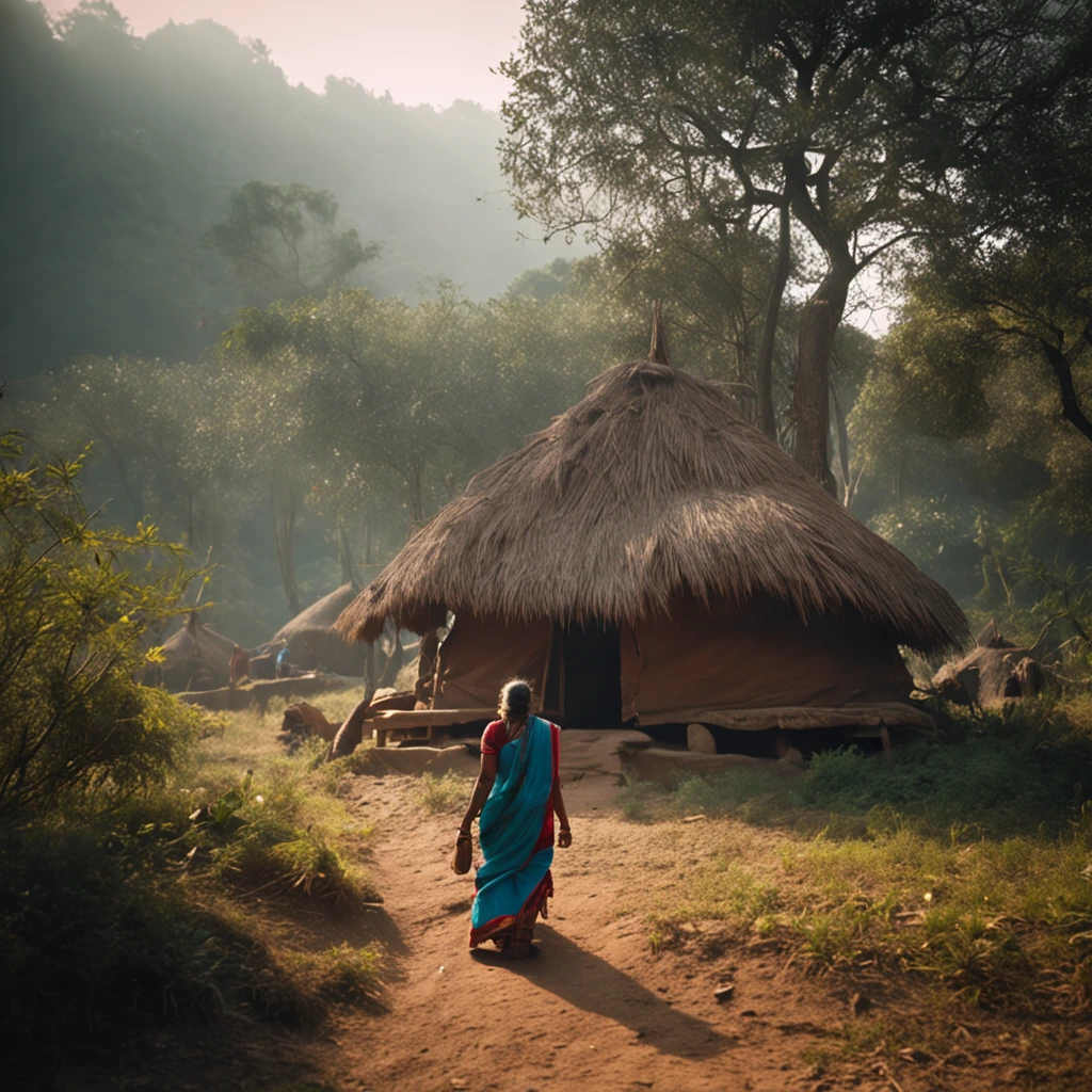 an ancient indian woman approaching a hut in a forest, long shot, detailed, 50mm lens