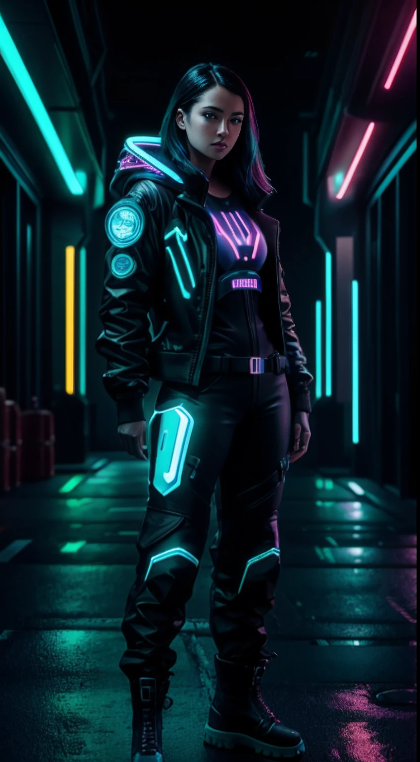 tron, cyberpunk portrait photography, beautiful young woman looking off camera in glowing neon futuristic tactical hood jacket, tight cargo pants, tactical boots, super realistic face, proper eye position, natural skin, soft light, rim light, hips, in road side, detailed background, intricate, full body shot, highly detail, octane render, HD, 8k, by Annie Leibovitz,120mm
