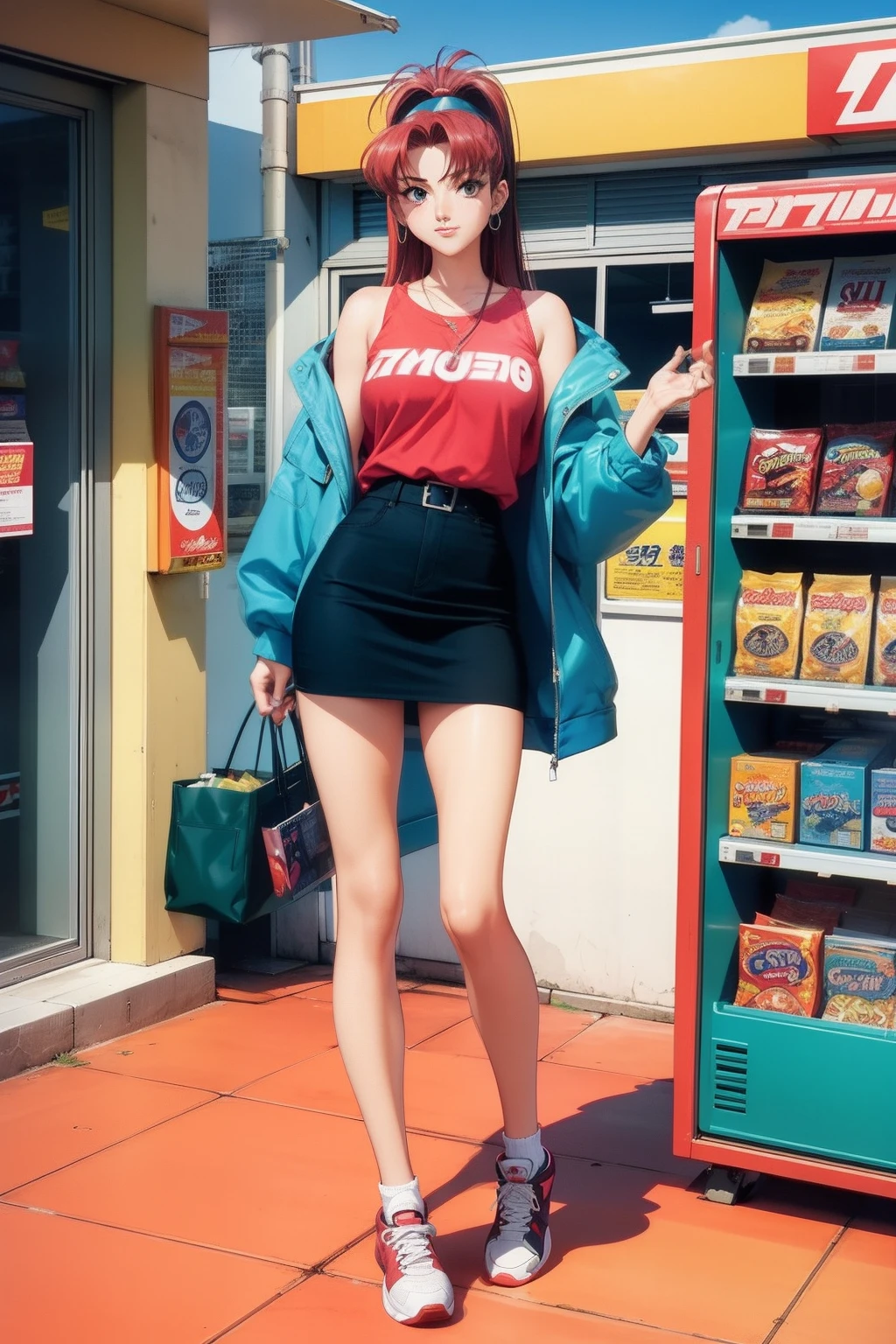 Full body, Vintage 90's anime style. stylish model in 7/11 convenience store., sci-fi.
