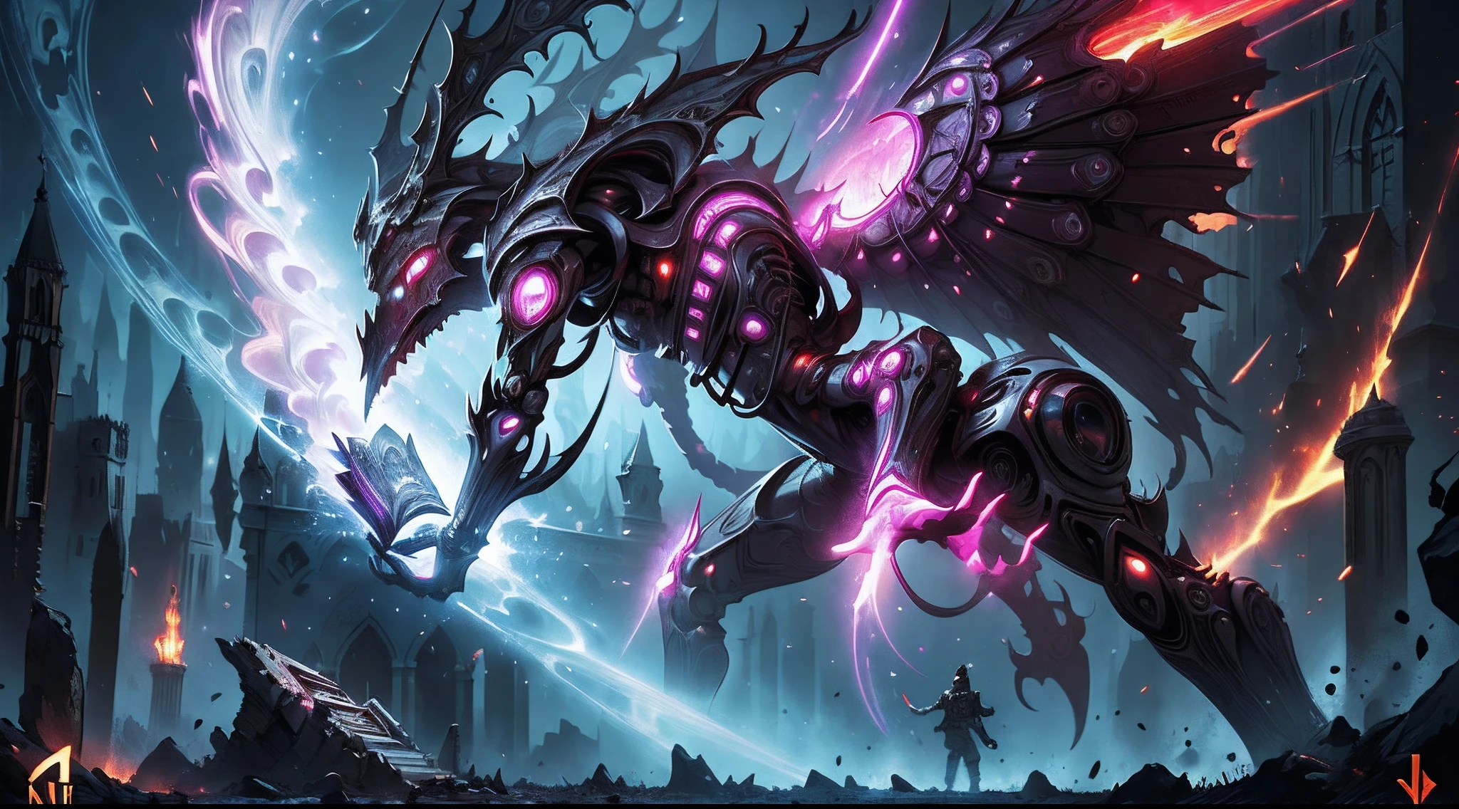 (One high fantasy ranger cautiously exploring an ancient obsidian catacomb lit by a red portal to hell)=1.6, robot wings:Unholy Bioluminescent Flame,earnst haeckel, james jean. generative art, baroque, intricate patterns=1.1, fractalism, movie still, photorealistic, intricate, elegant=1.4, highly detailed, artstation, smooth, sharp focus, illustration, outrun, vaporware,epic wide angle, angle from side, cinematic lighting, {Masterpiece}, action shot:darkest hour