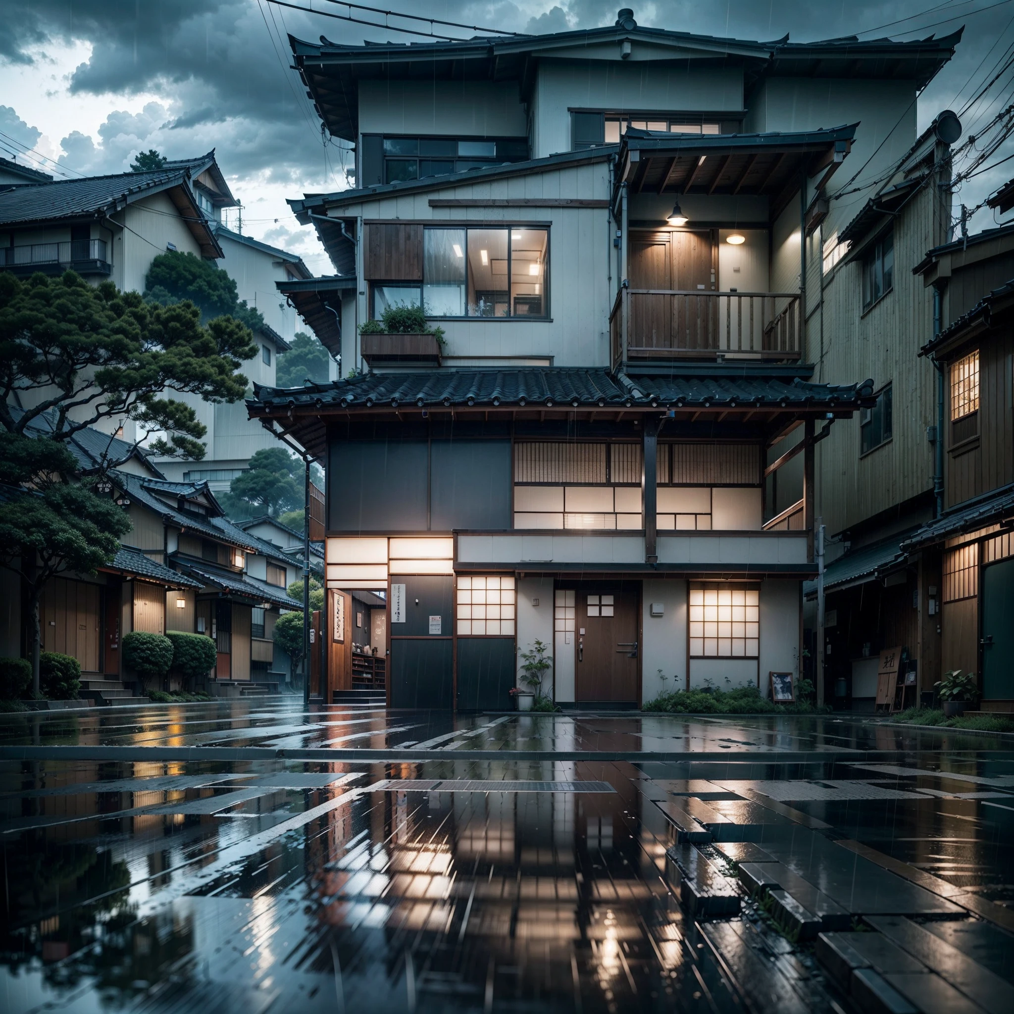 suburban modern Japanese village, modern Japanese architecture. modern houses. Japanese coffee shop. modern architecture. Best quality. No one in sight. Anime. Anime style. lofi. dramatic weather. wide view. raining, gloomy weather, heavy rain, puddles of rain
