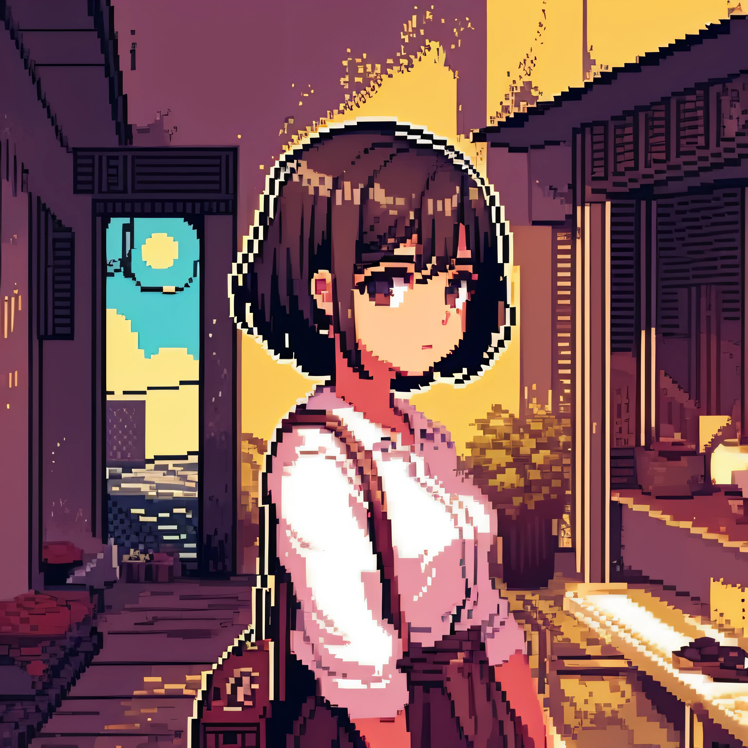 menina, casaco preto, cabelos preto, casa abandonada, completamente em pixel art, cabelo curto, segurando uma flor, no por do sol, cabelo preto